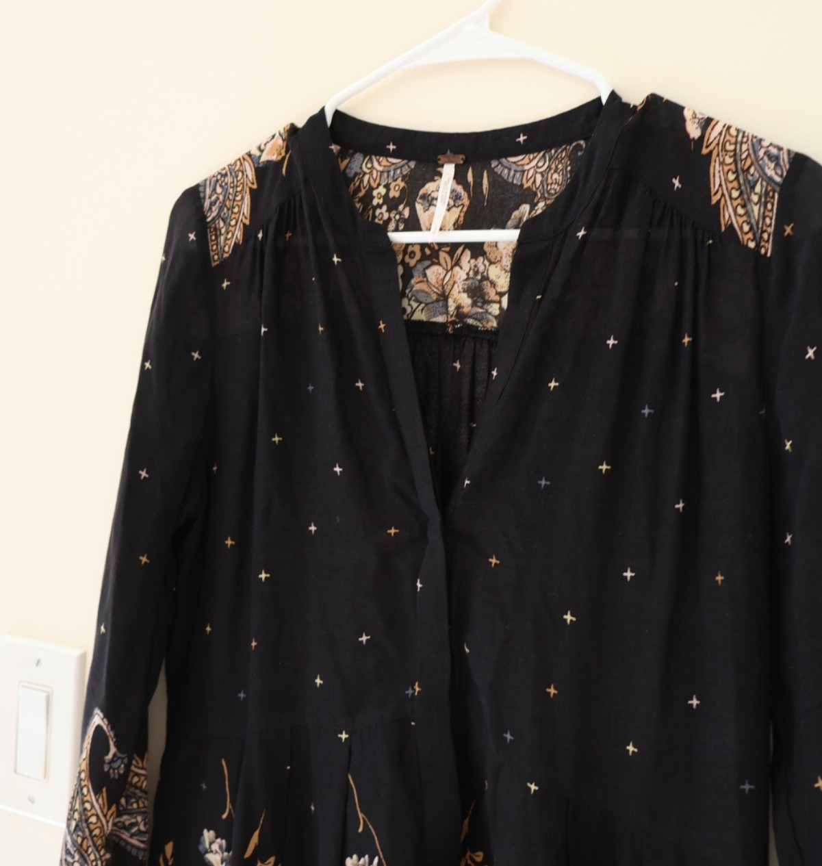 Free People Sierra Valley Black Floral Paisley Celestial Tunic Dress Size S Boho