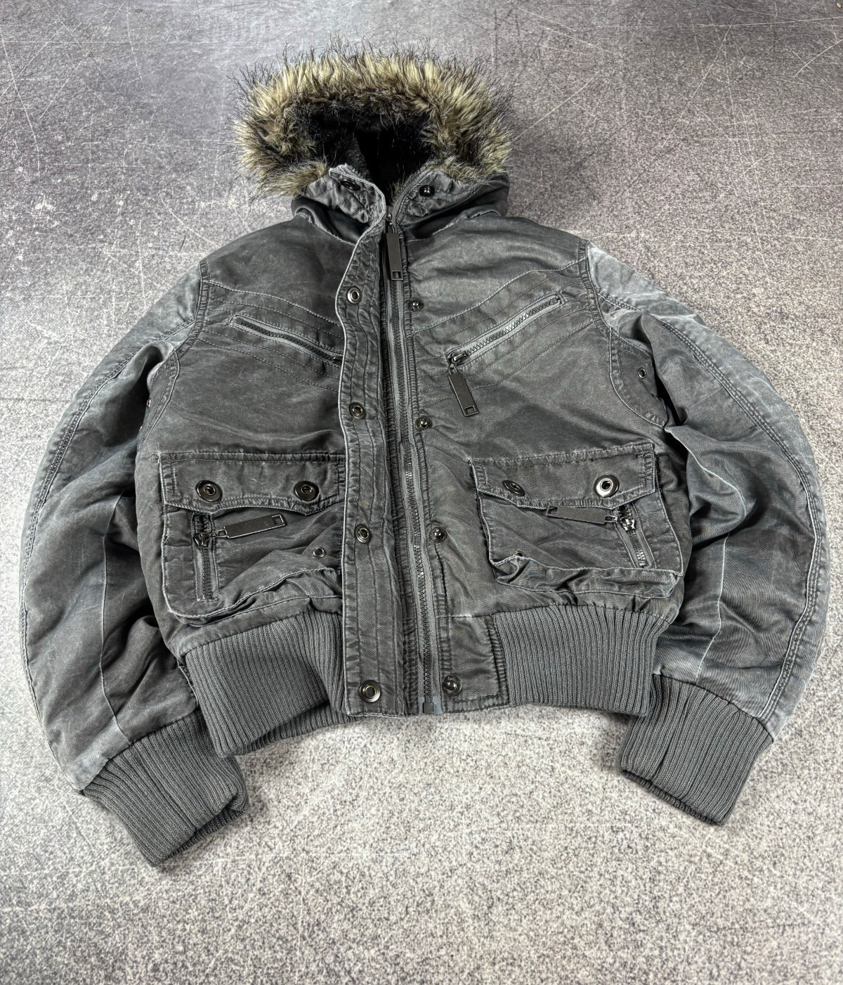 2000s Cropped Archive Washed Fur Hood Zip Bomber Jacket Y2K Streetwear CRAZY!