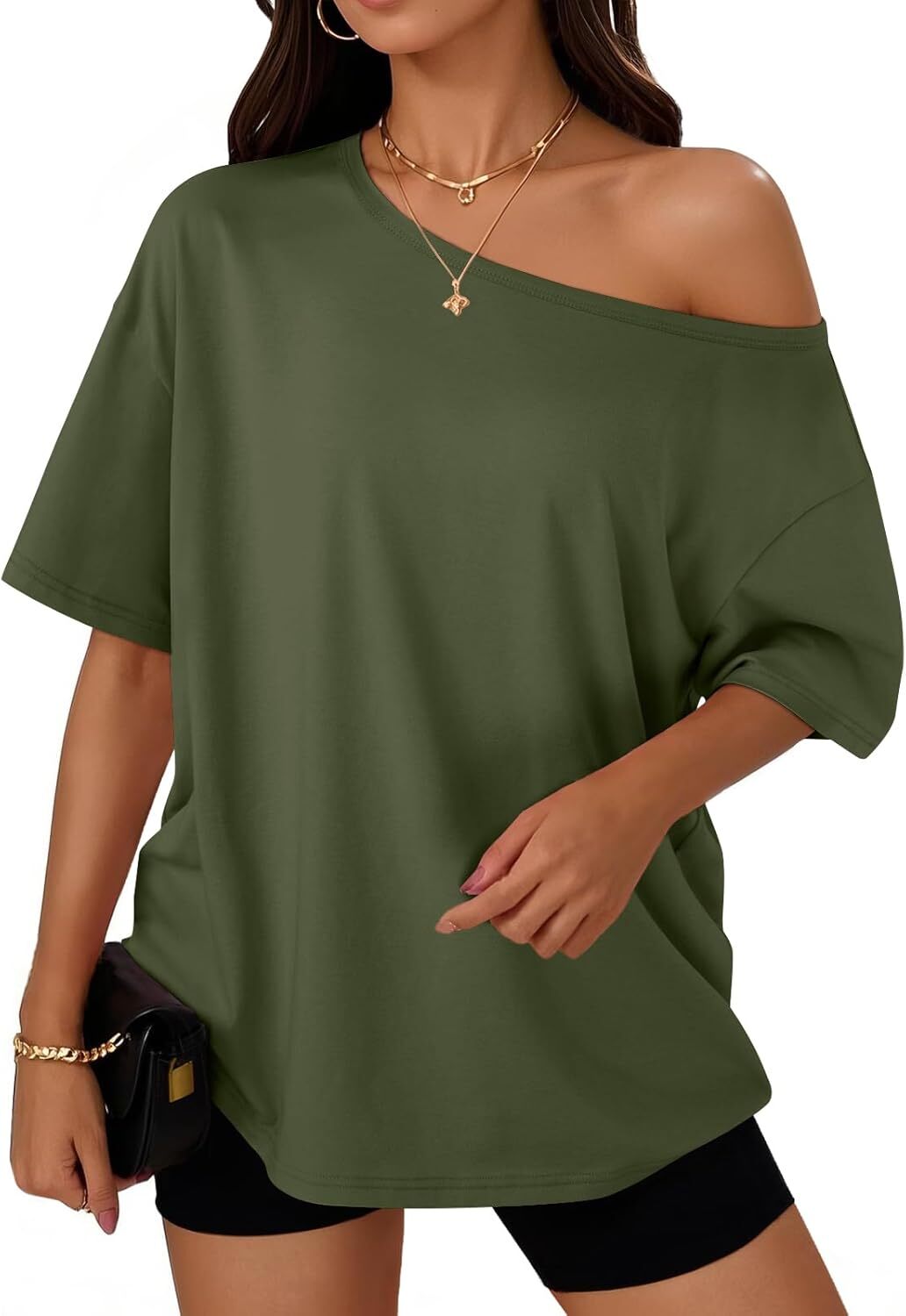 Women’s 2026 Spring Summer Off The Shoulder Oversized Short Sleeve Casual Tee
