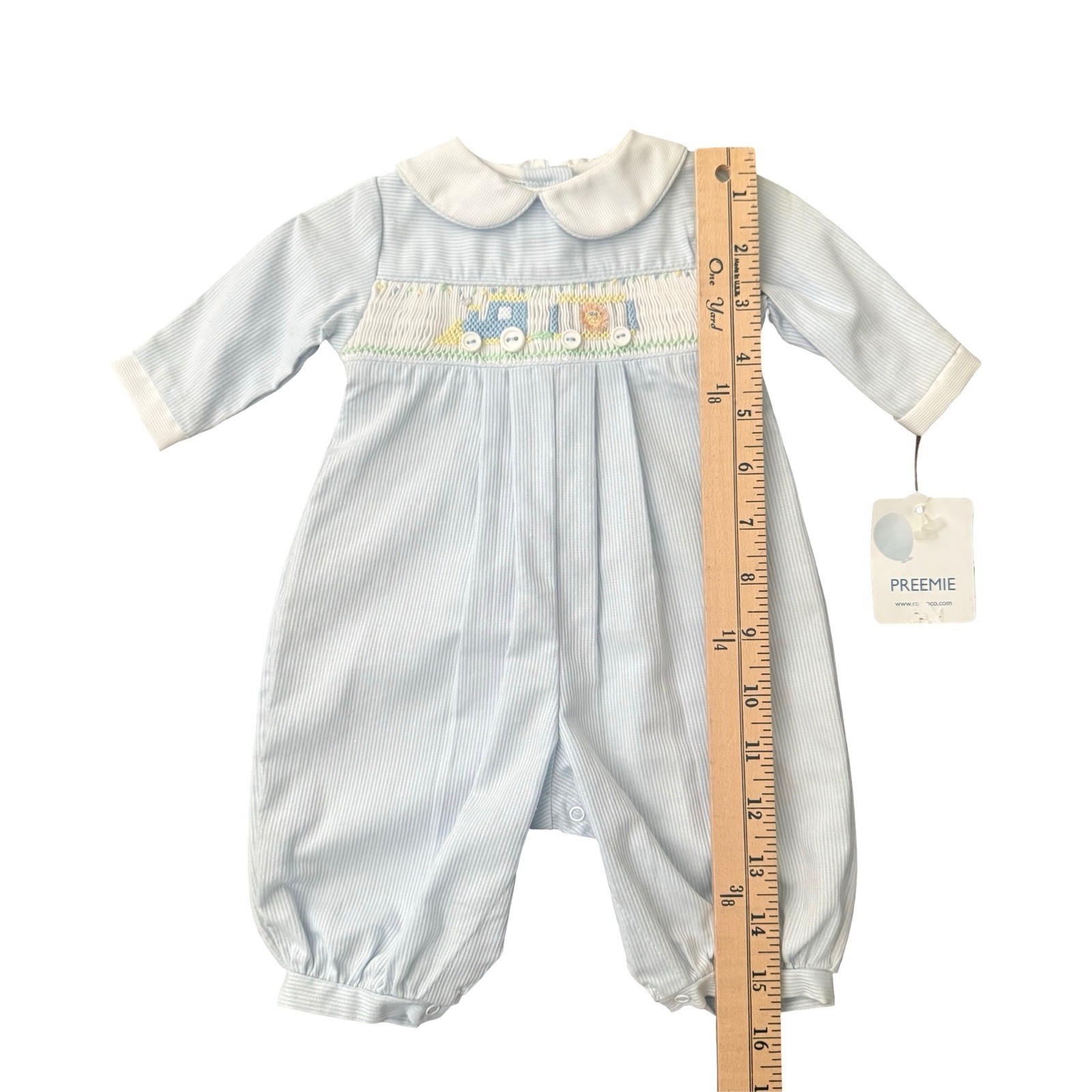 Petit Ami Smocked Train Romper Bonnet Set Blue White Stripe NWT Preemie Baby Boy
