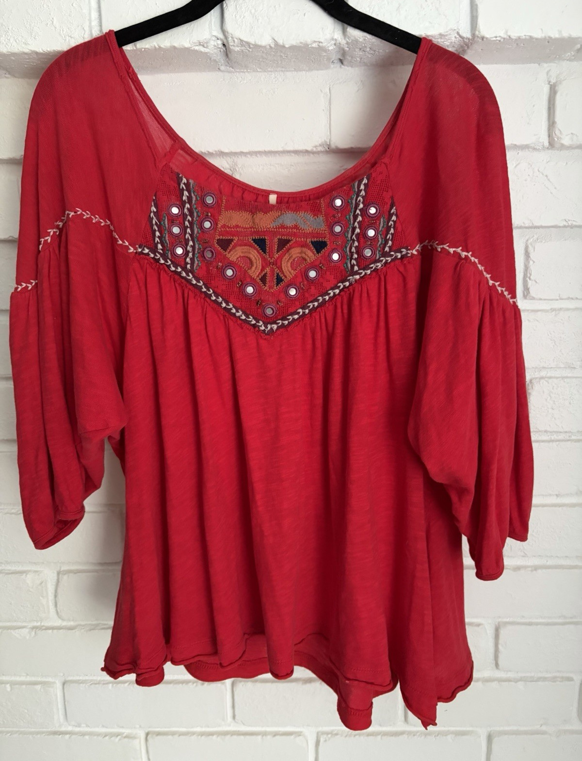 Free People Red Embroidered Scoop Neck Peasant Dolman 3/4 Sleeve S/P