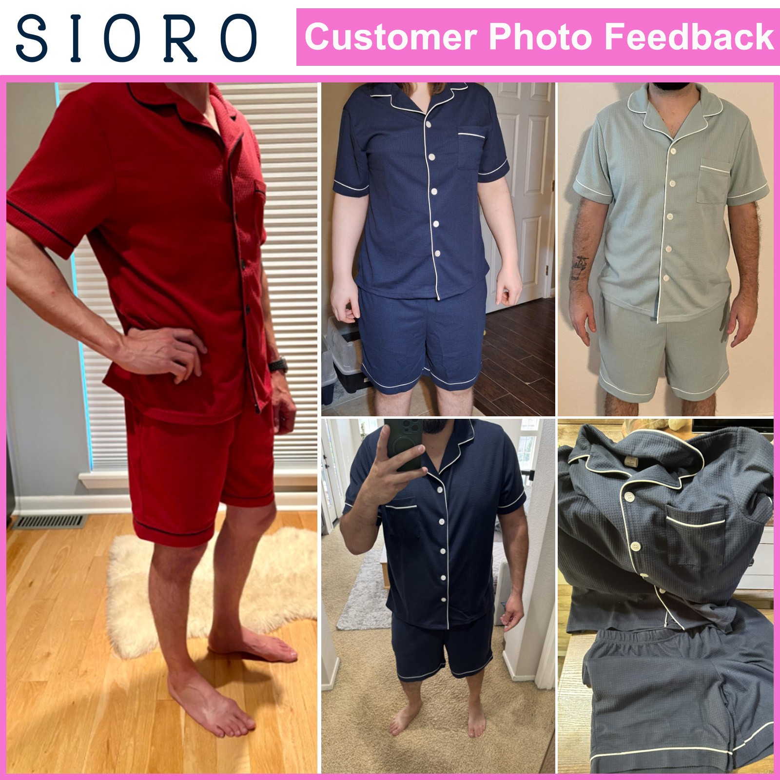 SIORO Men Waffle Knit Pajamas Set Short Sleeve Sleepwear Button Down Loungewear