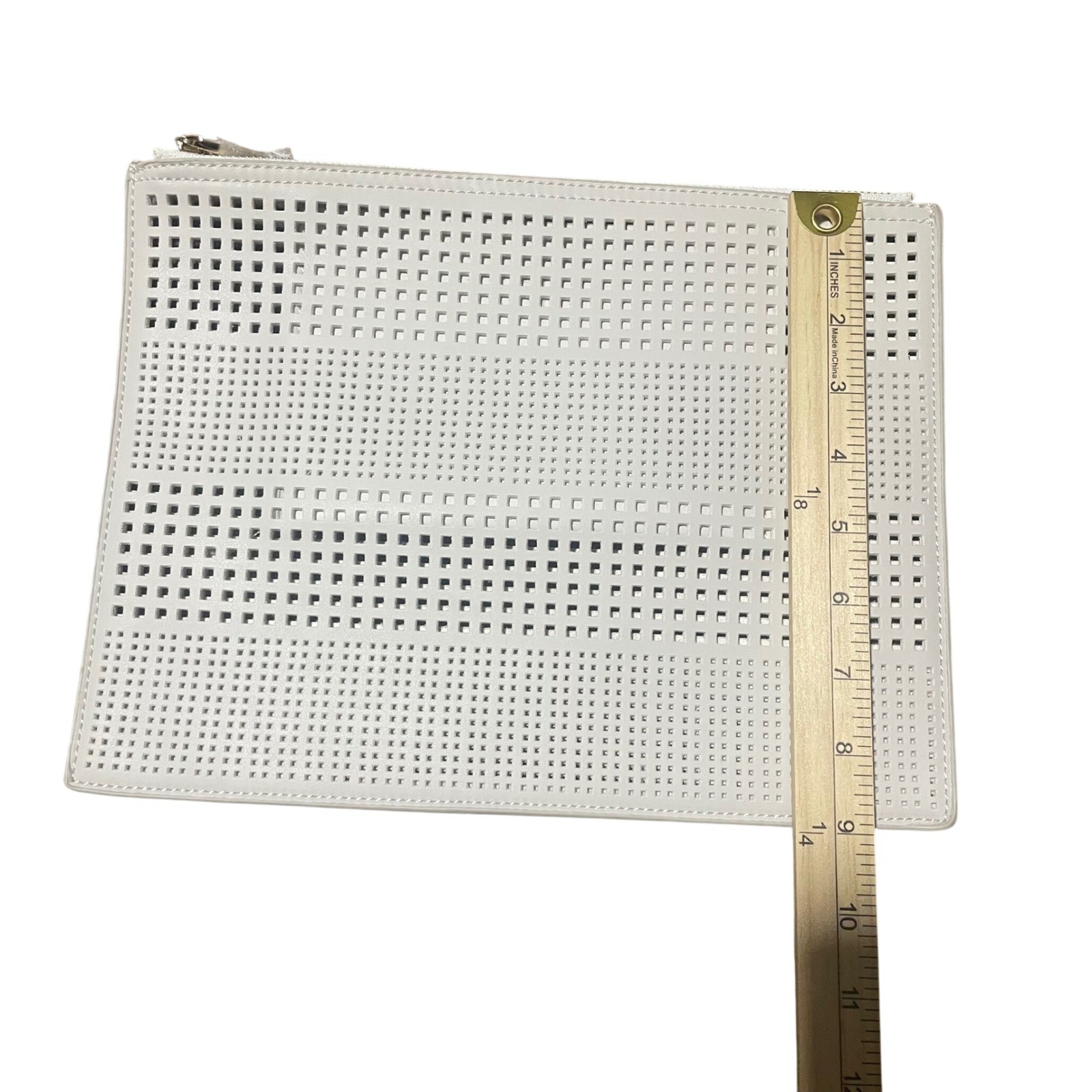 Deux Lux Cream Vegan Leather Perforated Laser Cut Zip Top Clutch Bag Pouch