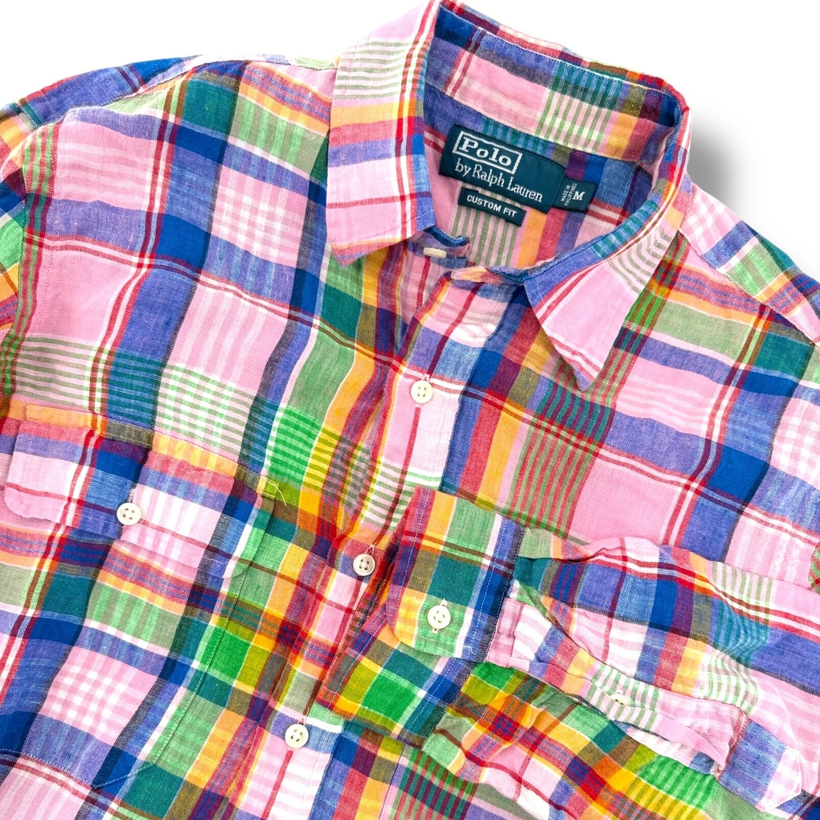 Polo Ralph Lauren Linen Shirt Mens M Pink Plaid Custom Fit Preppy Resort Summer