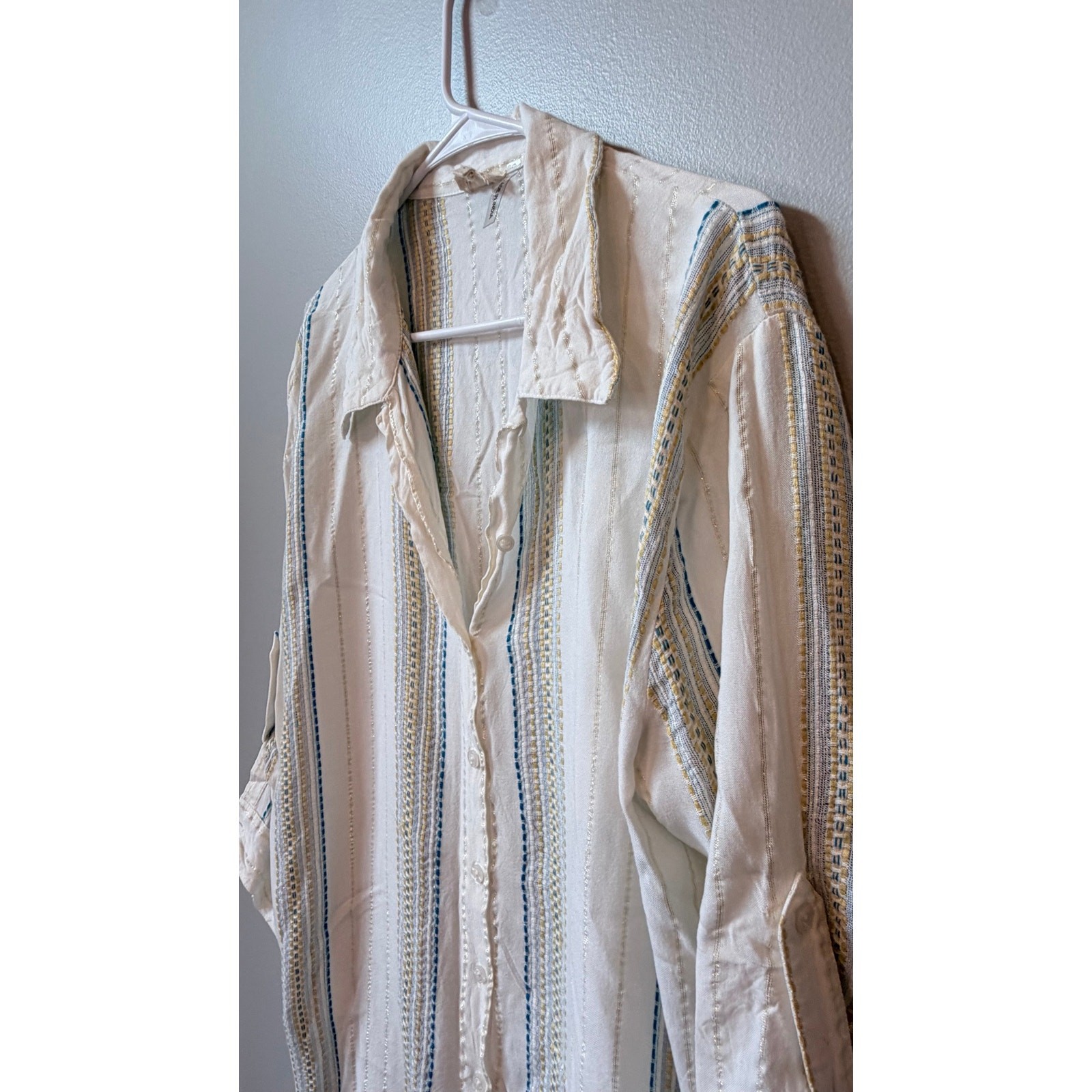 Elan Large Boho Embroidered Striped Metallic Lurex Button Down Tunic Blouse