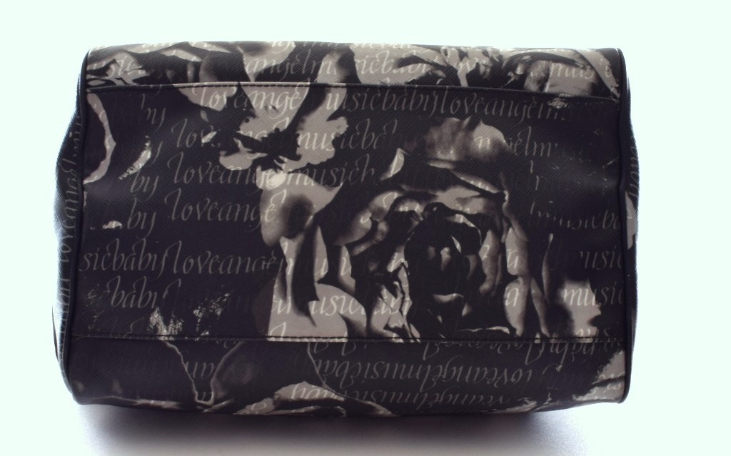 L.A.M.B. Caligraphy Roses LOVE ANGEL MUSIC Small Black White Duffle Bag EUC