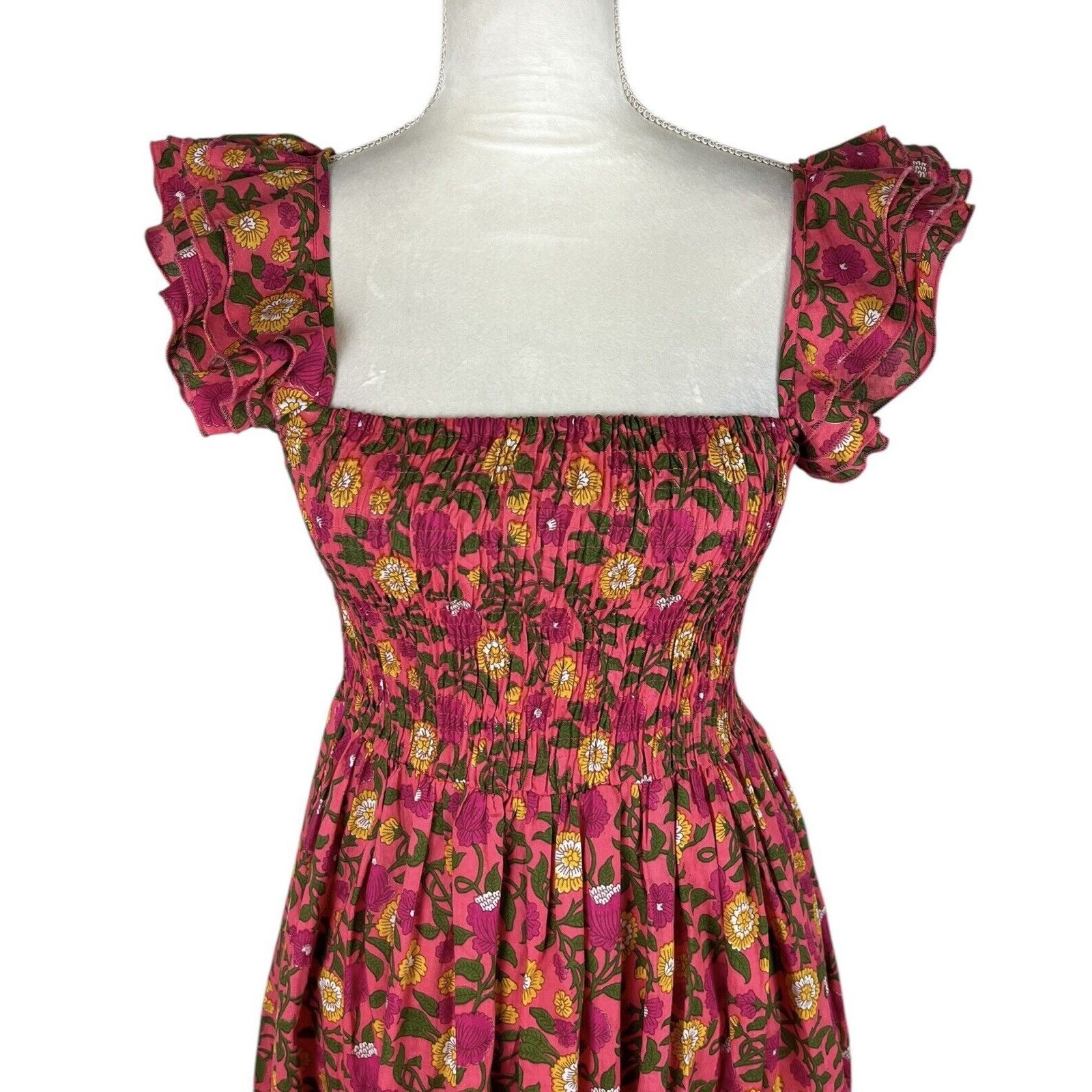 Mille Olympia Floral Smocked Midi Dress Ruffle Strap Cottagecore Coastal Sz XXS