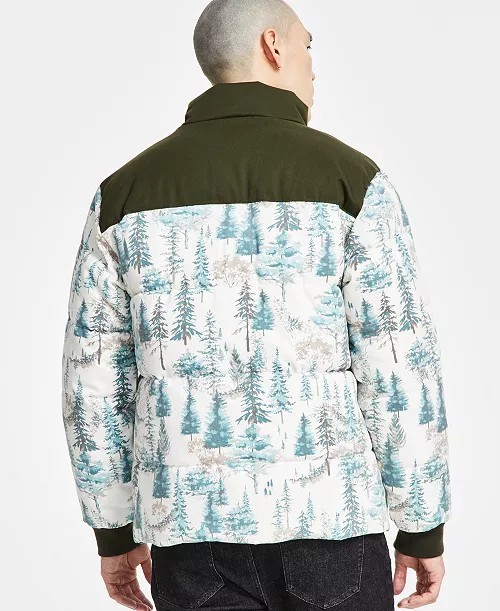 Sun + Stone Men’s Insulated Quilted Puffer Jacket Forest Tree Print Winter Coat