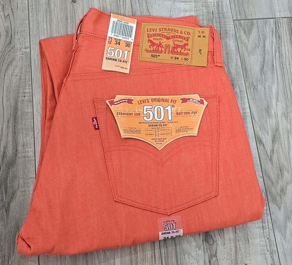 NWT Levis Original Shrink To Fit 501 Button Fly Straight Coral Red Jeans 34×30