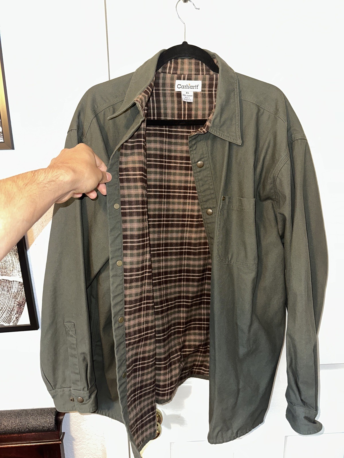 Vintage Carhartt Mens XL Flannel Lined Canvas Shirt Jacket Shacket Green Plaid⁠