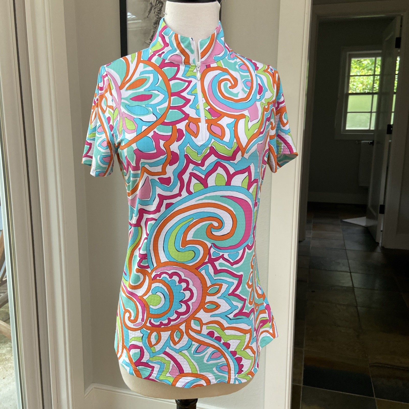 IBKUL Ariana Mock Neck Top Short Sleeve S M L XL Multi Women’s Golf Shirt UPF 50