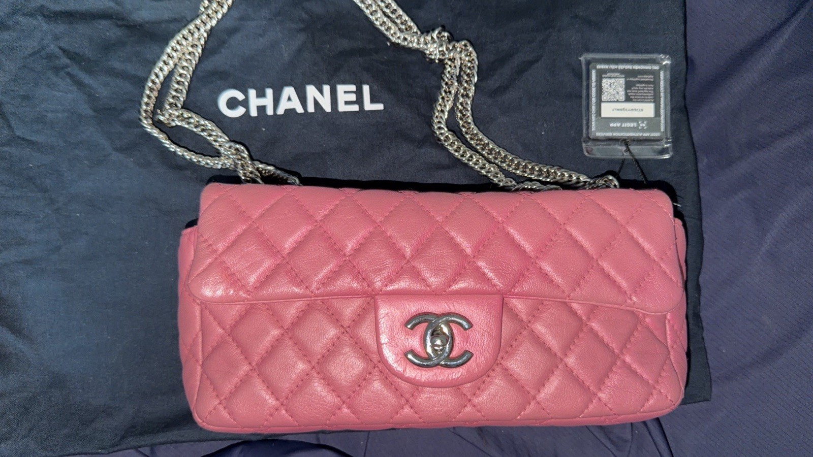 CHANEL Pink Quilted Chain Crossbody Flap Bag Turn Lock Silver + Dust Bag