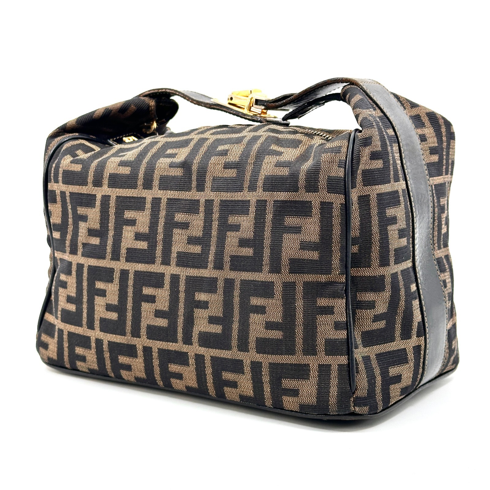 Fendi Purse Vanity Bag Hand Canvas Zucca Leather Authetic T0459