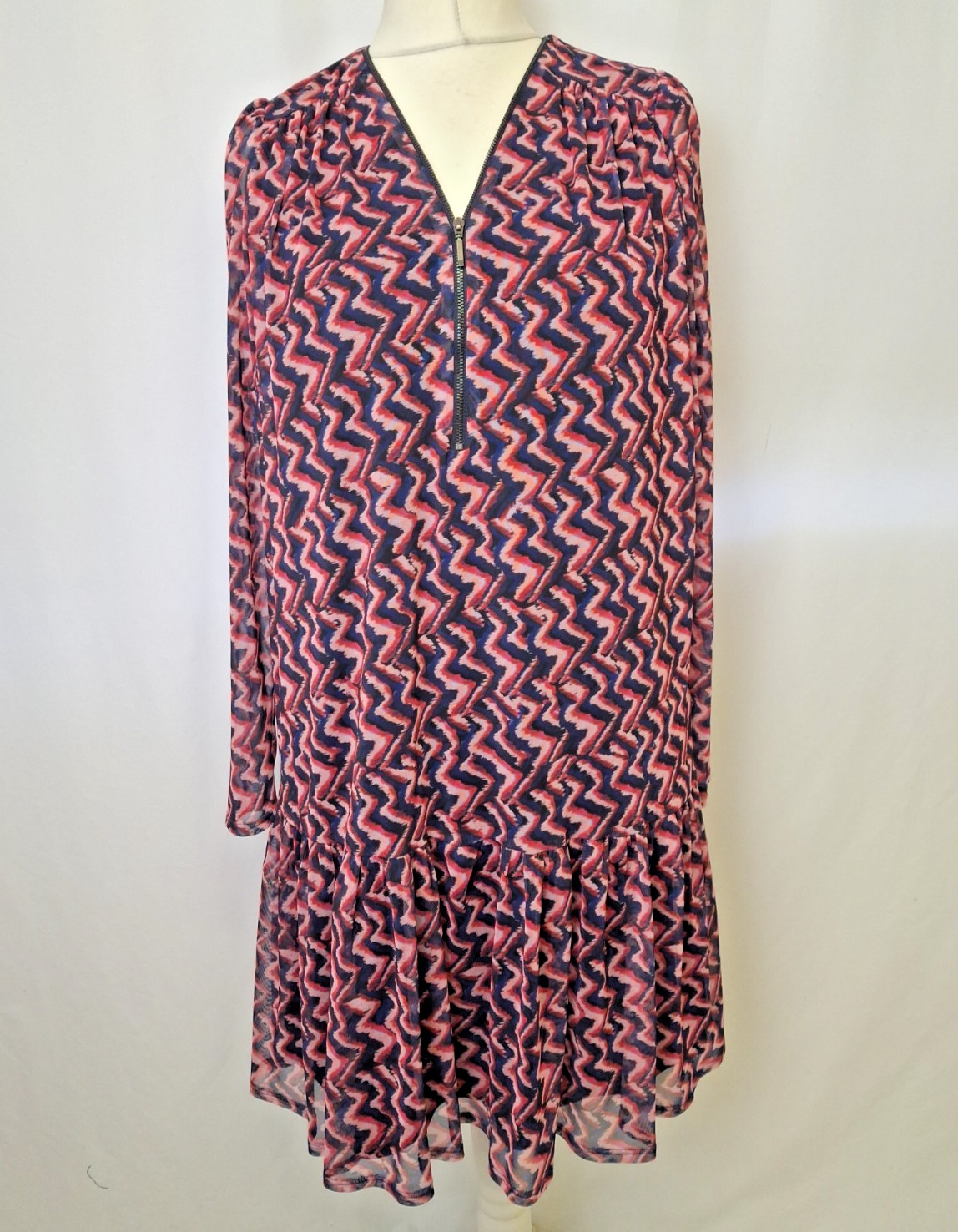 Phase Eight Chiffon Zip V-Neck Dress Chevron Print Blue Pink Women’s UK14 C6670