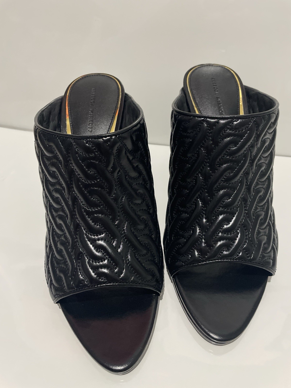 Rebecca Minkoff Black Quilted Leather Chain Open Toe Slip-On Mule Heels 10