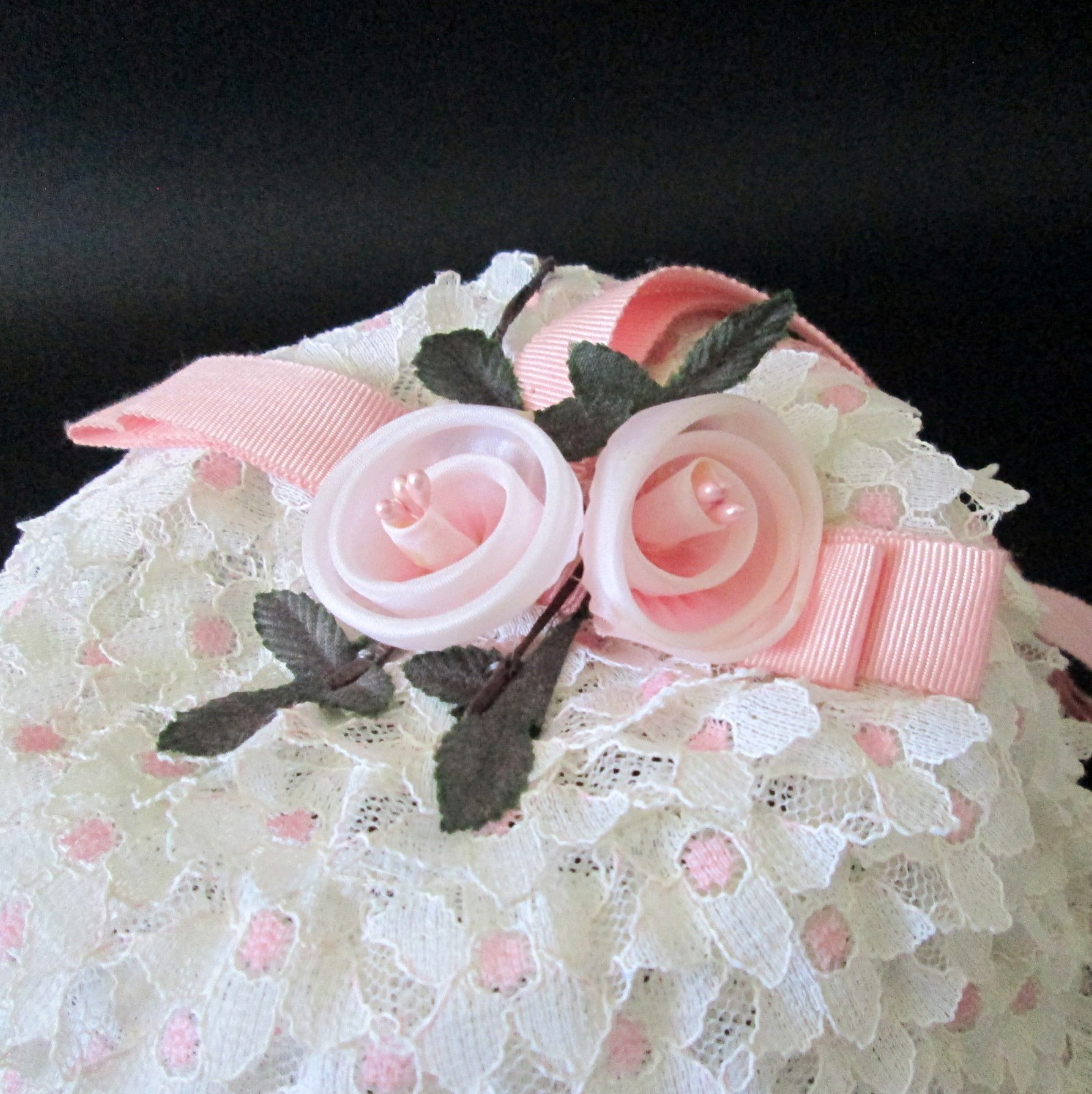 Vintage Lace Ruffle Pillbox Hat Ribbon Roses Grosgrain Ribbon Wedding Church