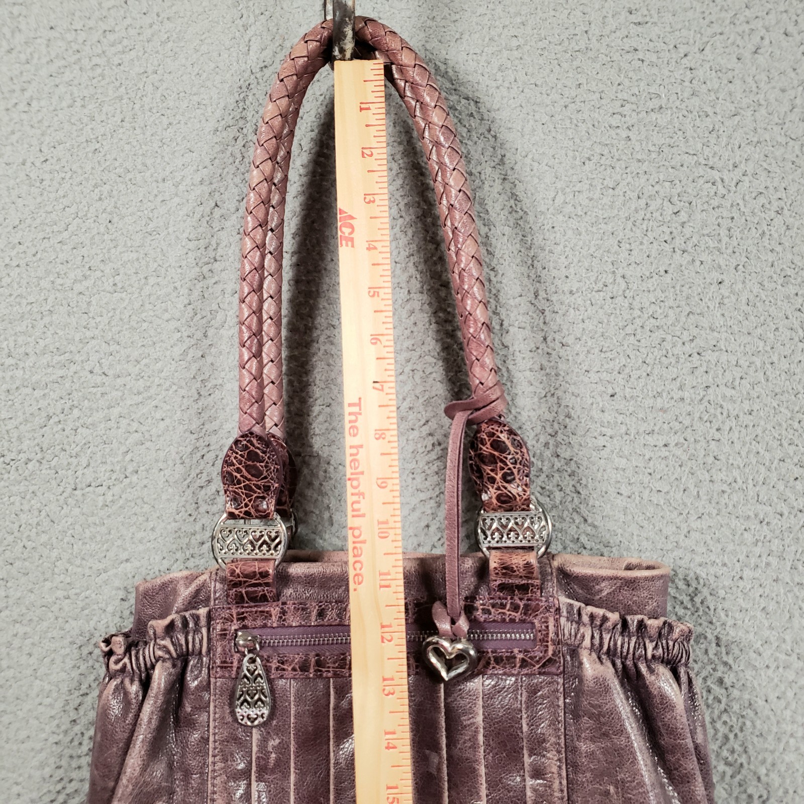 Brighton Purple Distressed Leather Shoulder Bag Pleat Elastic Pockets Heart Rare