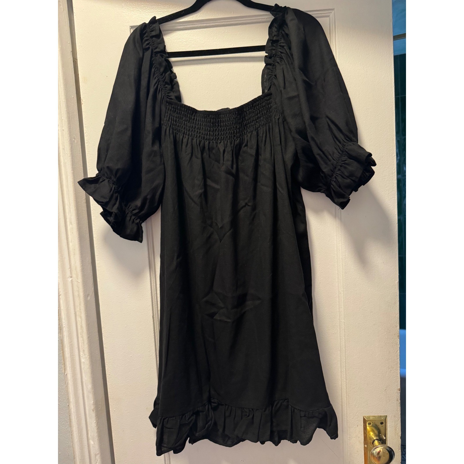 Eloquii Black Linen Blend Smocked Puff Sleeve Ruffle Mini Dress Plus Size 18/20