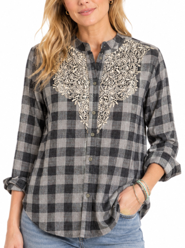 Sundance Plaid Lace Shirt S Gray Check Button Up Western Cowgirl Redford Cassidy