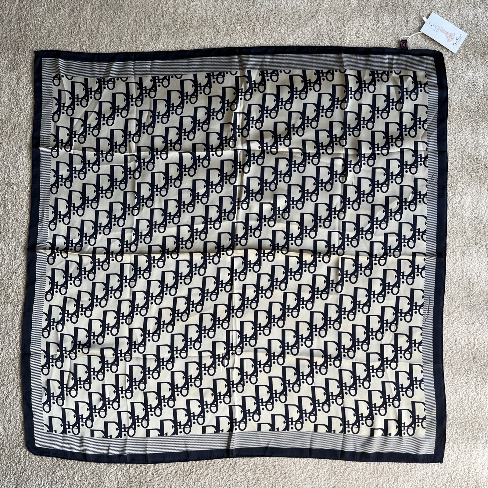 Beige Navy Square Women’s Scarf Geometric Pattern, Beige Navy Designer Inspired