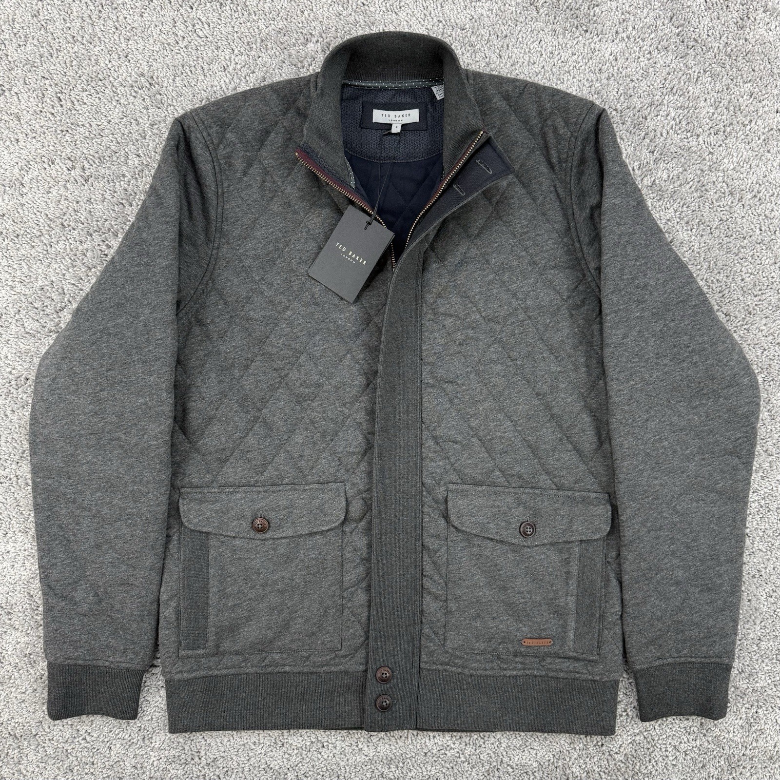 Ted Baker Quilted Jersey Jacket Men’s 4 NWT Charcoal Full Zip/Button Up Bomber