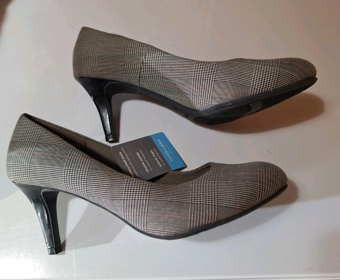 Comfort Plus Predictions Shoes Heel Gray Black Plaid 8W Pump Slip 3″ Flexible