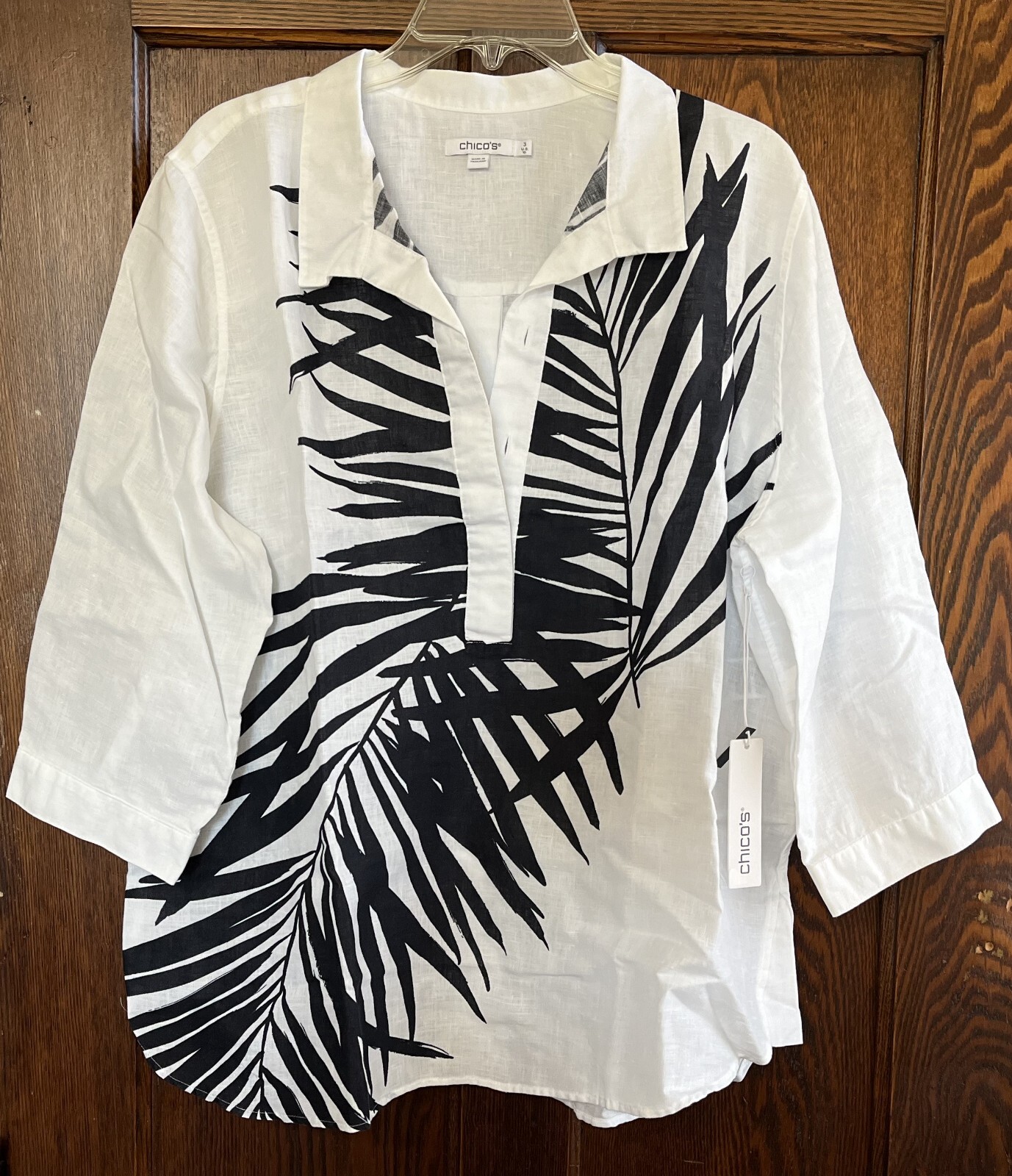 Chico’s Navy Palm Print Tunic~ XL~ 3qtr sleeve ~ No-Iron Linen~Button Back ~NWT