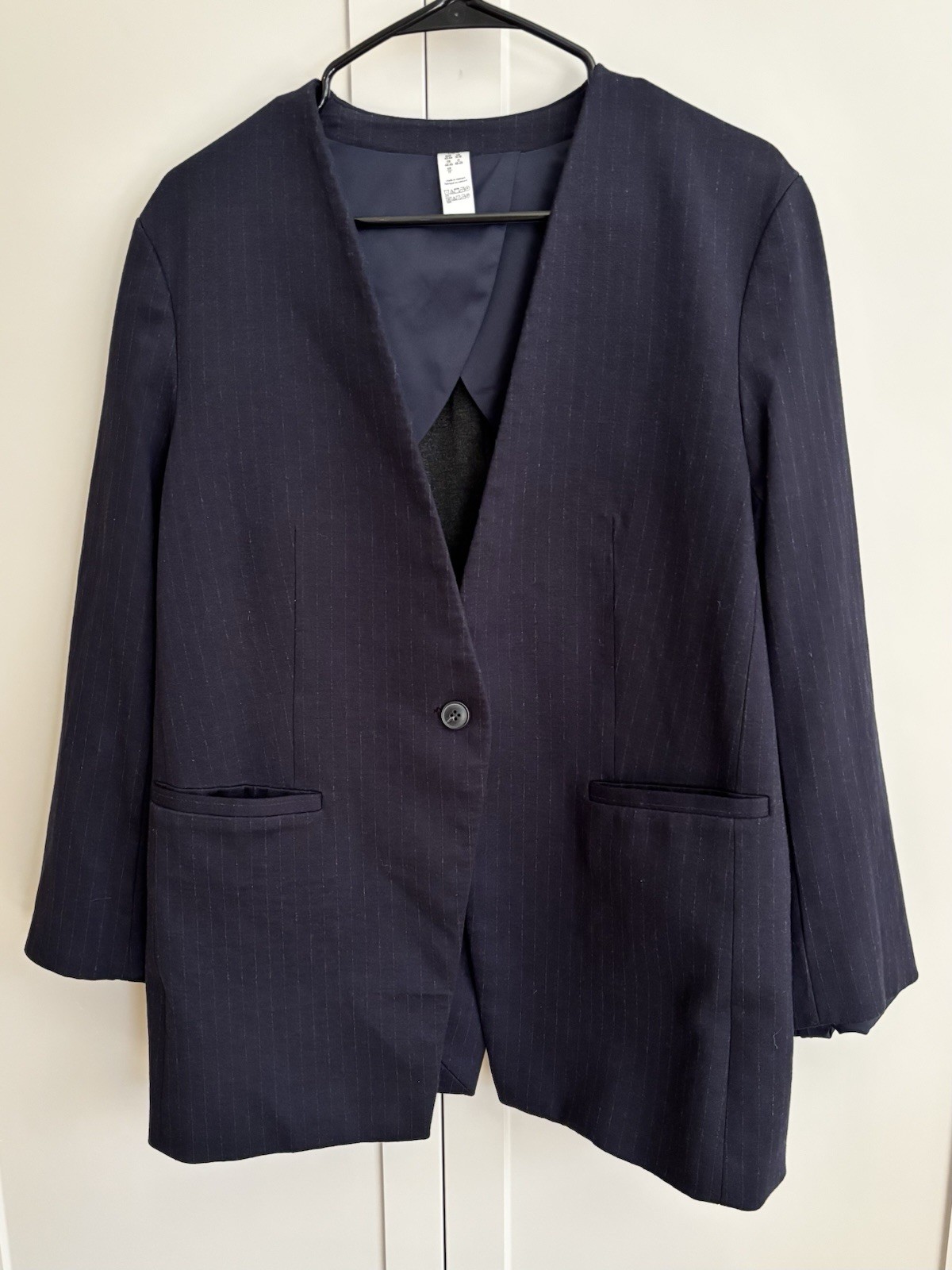 Spanx Perfect Collarless Blazer L Classic Navy Pinstripe Stretch Ponte Knit