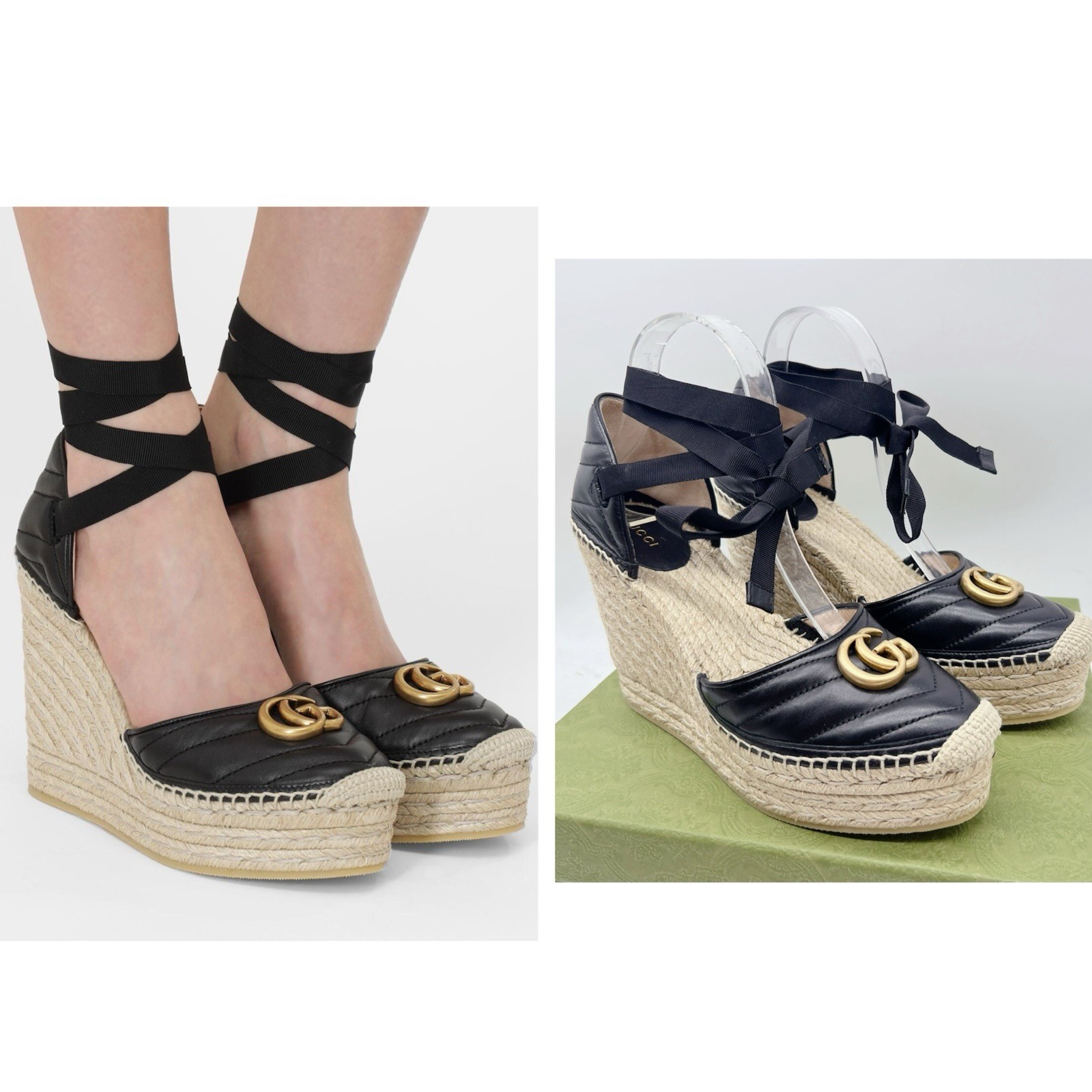 Gucci GG Marmont Platform MATELASSÉ Wedge Heels Espadrille Black Leather EU 40.5
