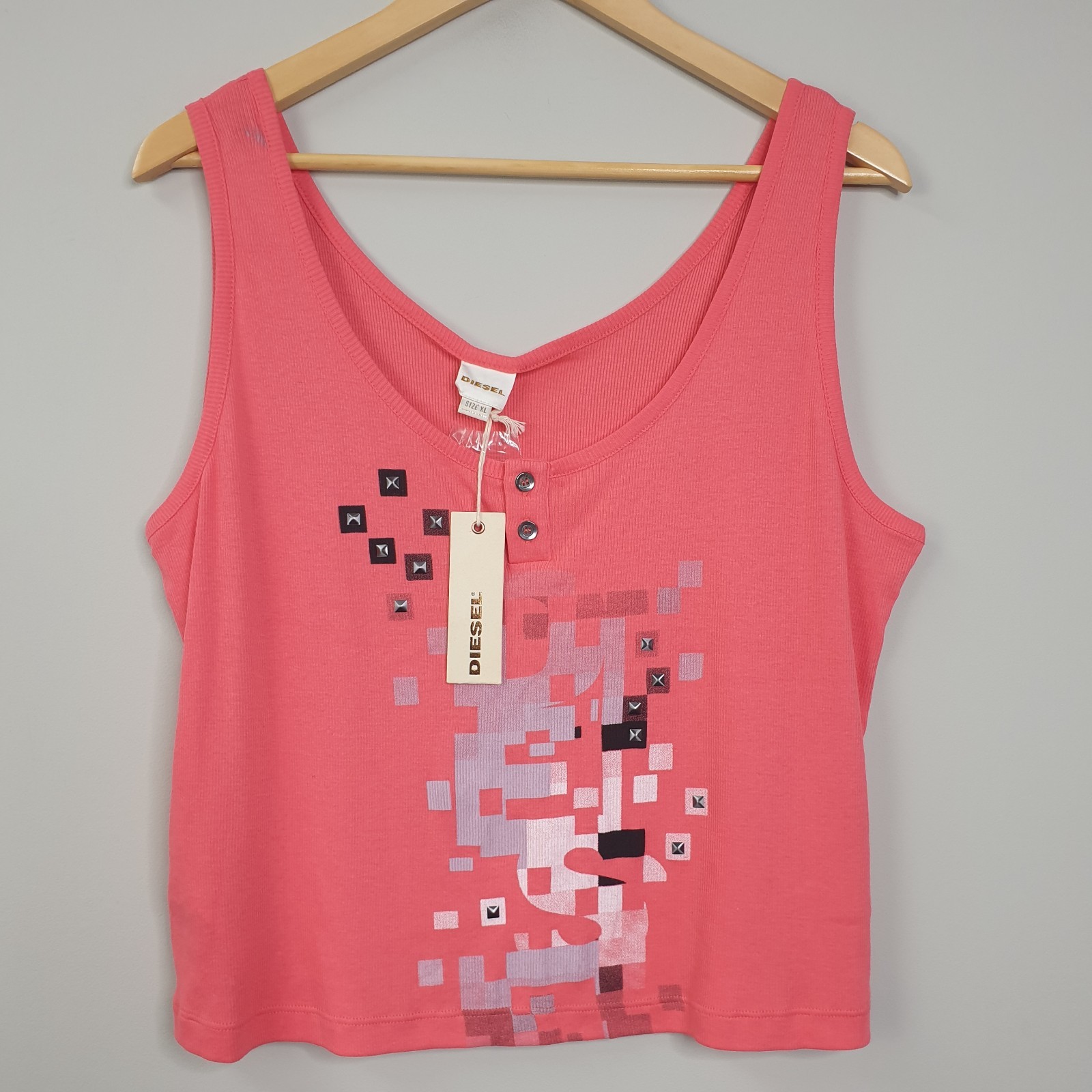 Diesel Tank Womens XL Pink Studded Logo Spellout Pixellated Cami Casual Summer