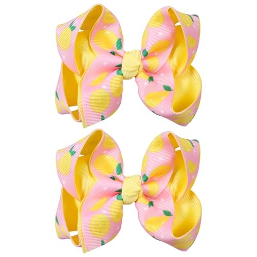 2Pc Ribbon Hair Bow Clips 4.3″ Tropical Fruit Alligator Barrettes Lemon