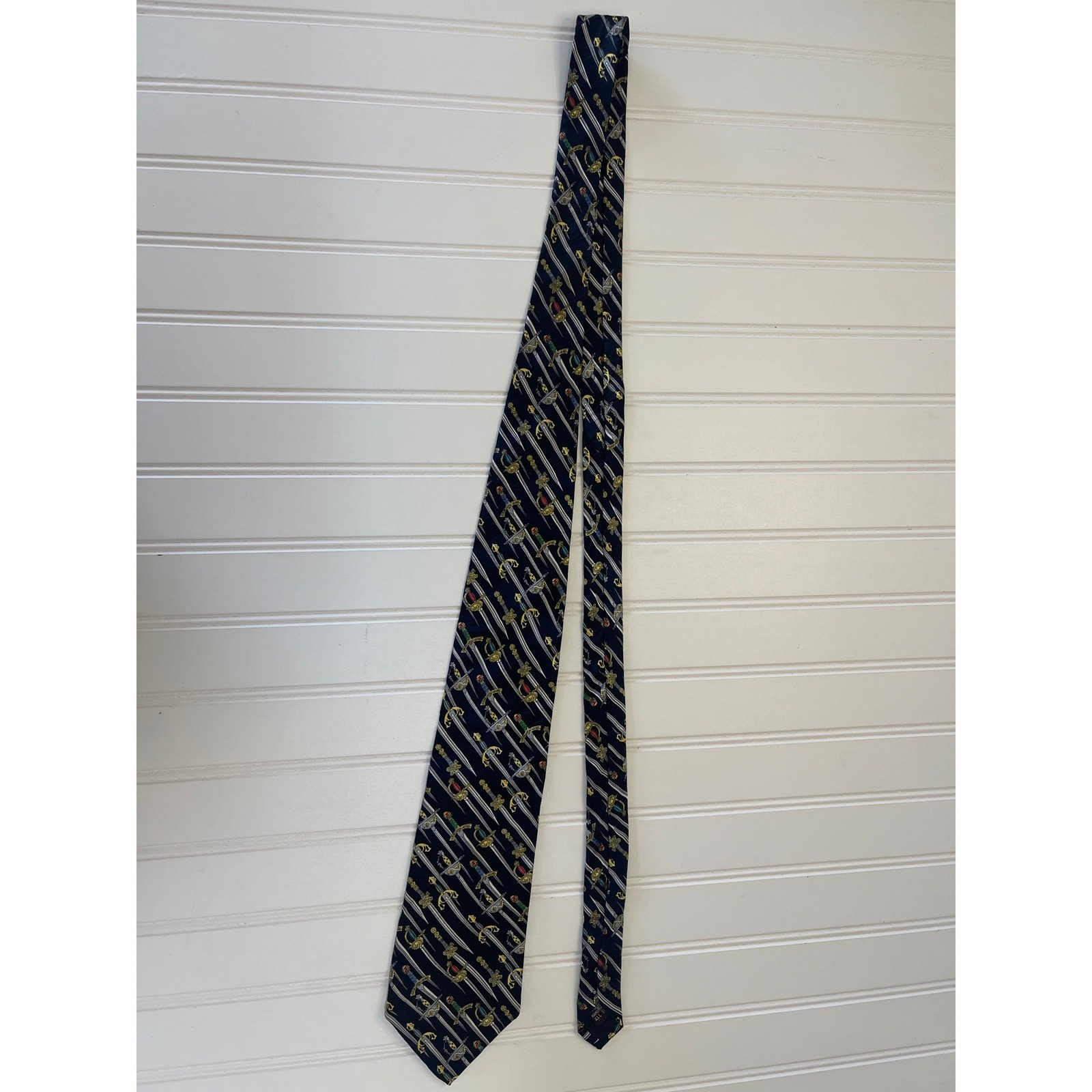 Museum Artifacts Mens Silk Tie Black Medieval Sword Rapier Pattern Handmade