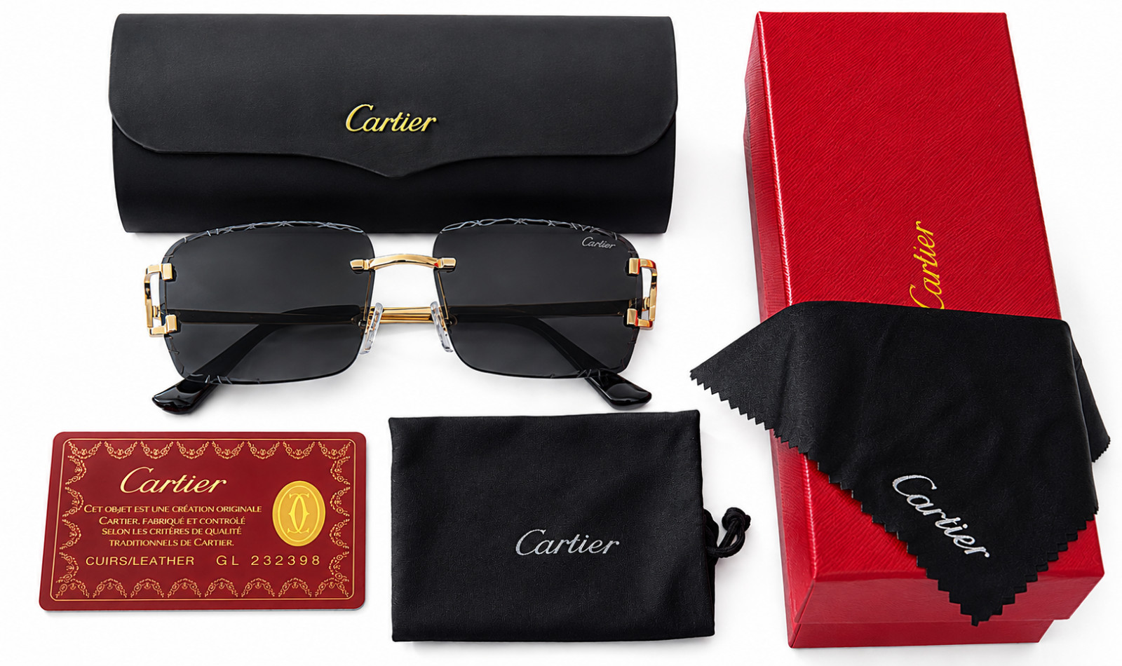 Cartier Big C Diamond Cut Frameless BLACK Lens Gold Frame