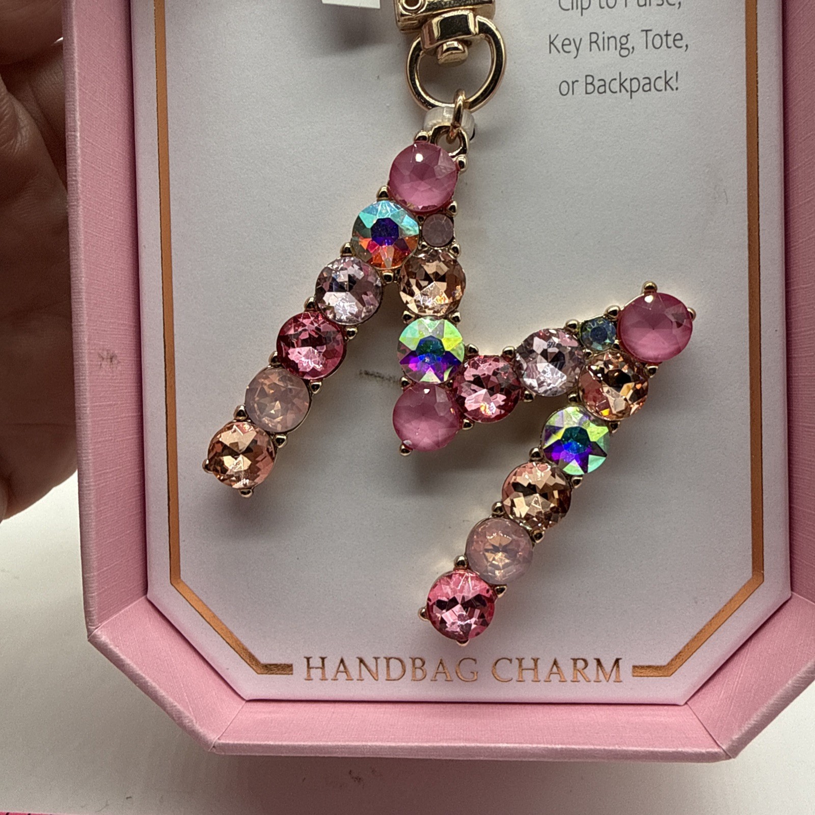 Bella Jack Handbag Charm Keychain “M” Pink Sparkle Gold-tone Secure Clip