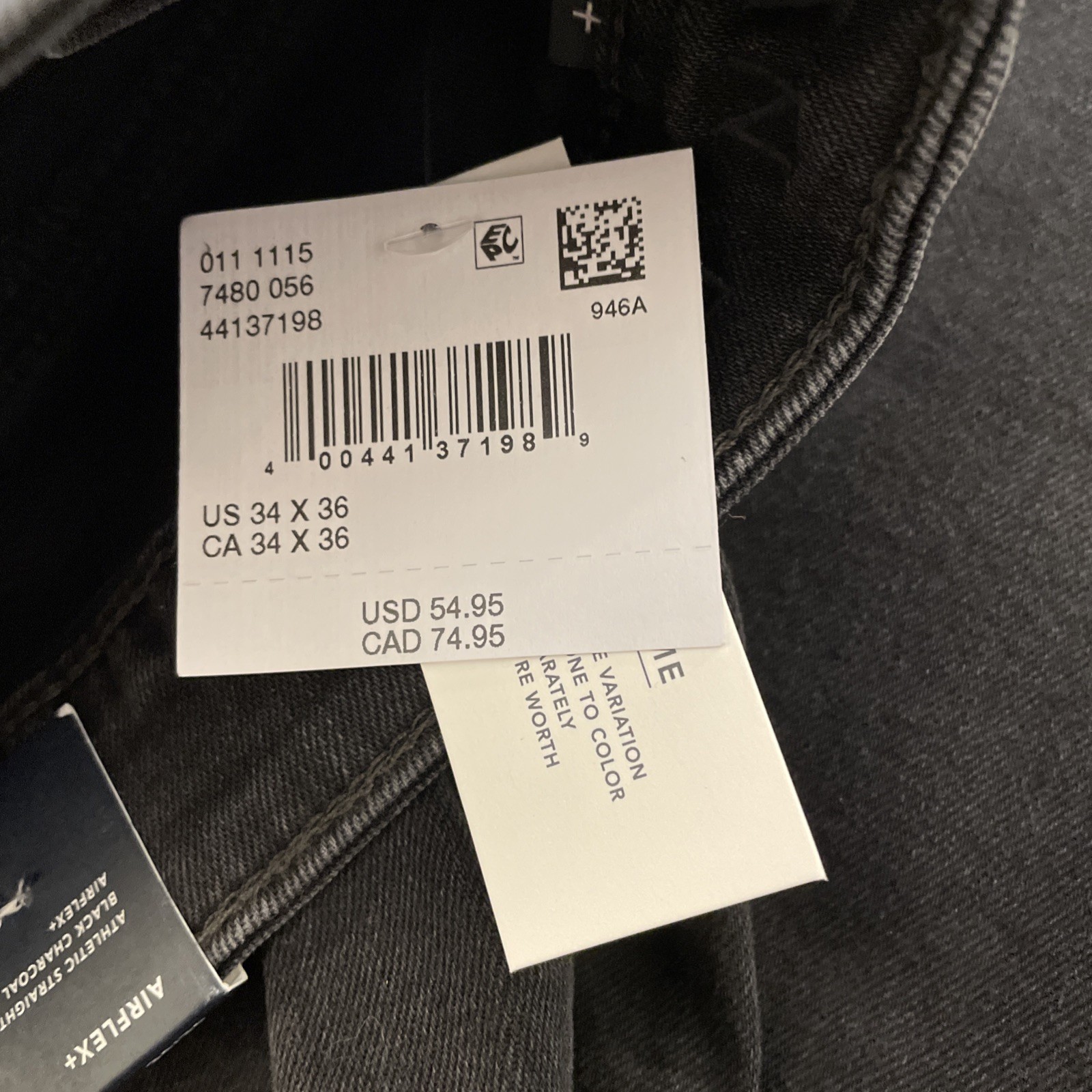 New American Eagle Athletic Straight Jeans Men’s 34×36 Black Airflex Stretch NWT