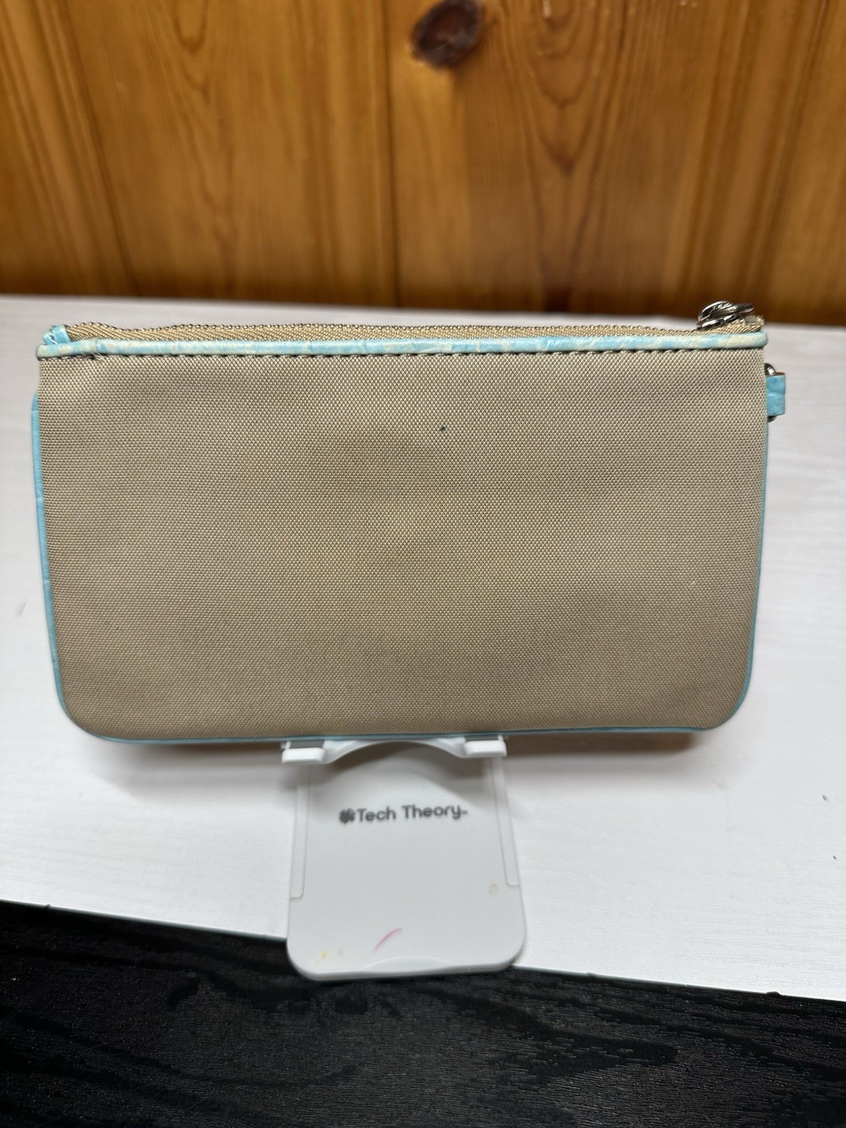 Michael Kors Beige & Light Blue Clutch Buckle Accent, Zipper, Silver Hardware