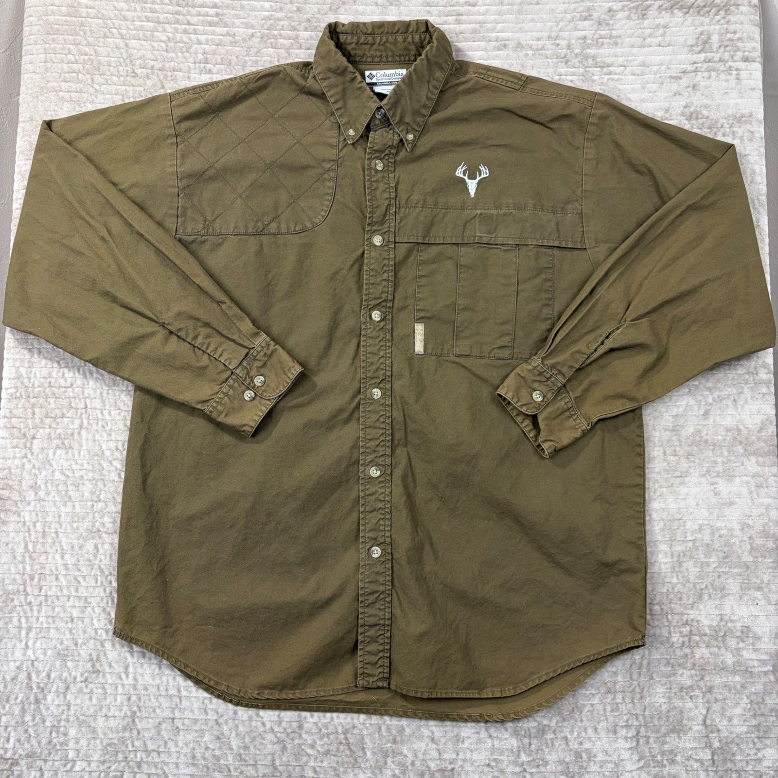 Columbia Sportswear Long Sleeve Button Up Shirt Deer Logo Khaki Men’s Size L