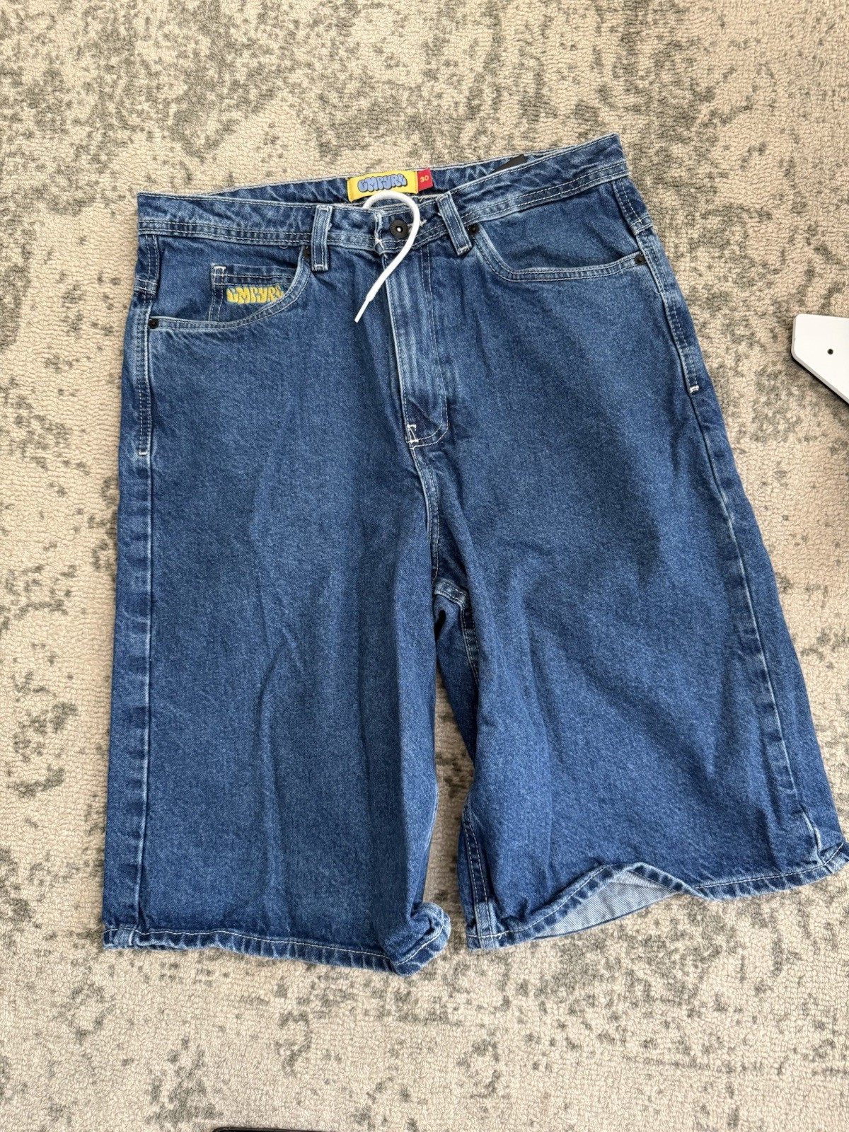 Empire Men’s Blue Denim Shorts Relaxed Fit 5-Pocket Embroidered Lion 12″