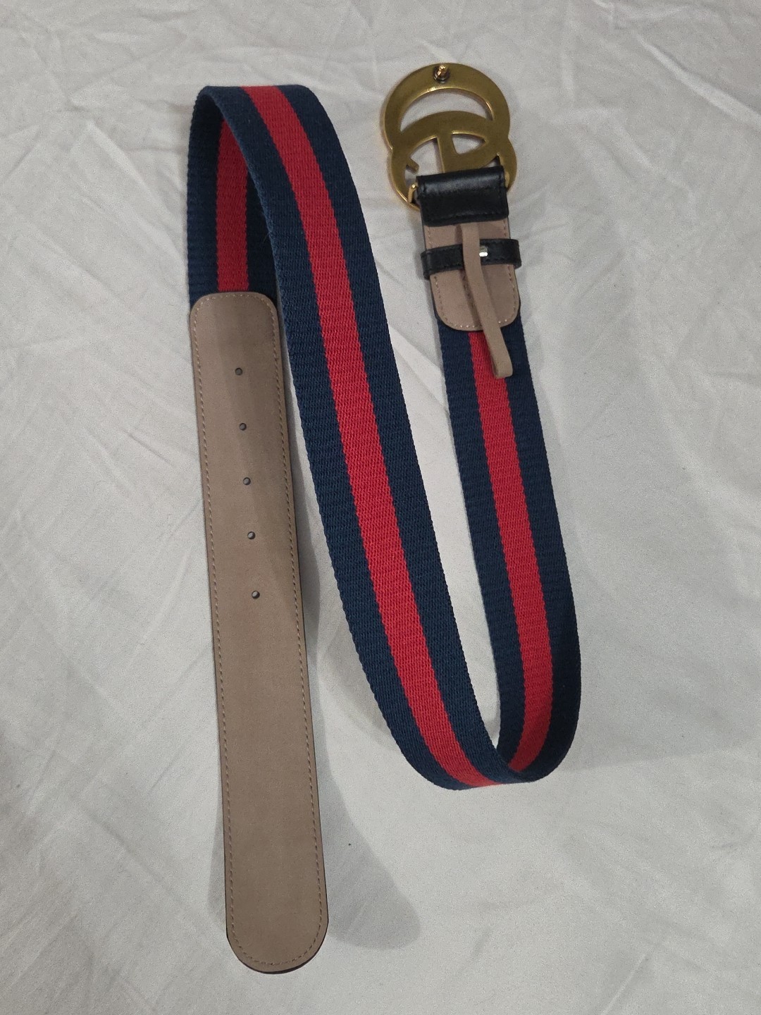 Gucci GG Brass Buckle Striped Navy Red Dress Belt Men’s 36-38 IT 105CM