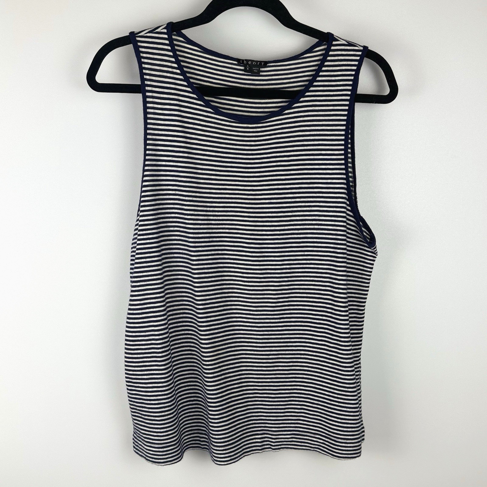 Theory Demalin B Tank Top L Pima Cotton Minimalist Blue White Stripe Nautical