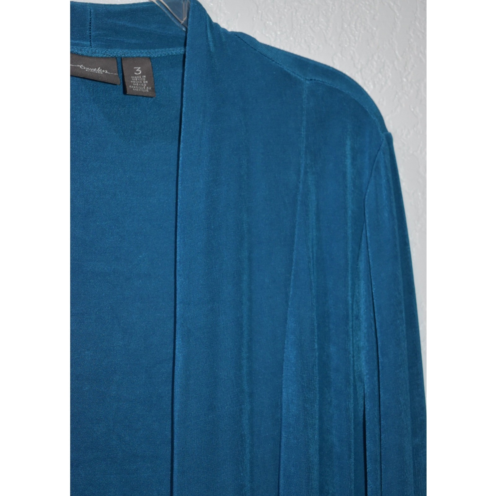 Chicos Travelers Teal Blue Open Front Slinky Knit Cardigan Jacket Size 3 XL