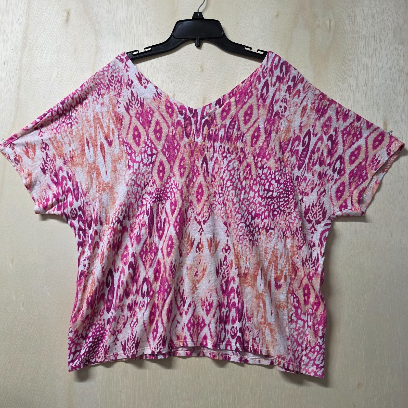 Chicos 4 XXL 100% Linen Ikat Print Dolman Top Pink Peach V Neck Boho
