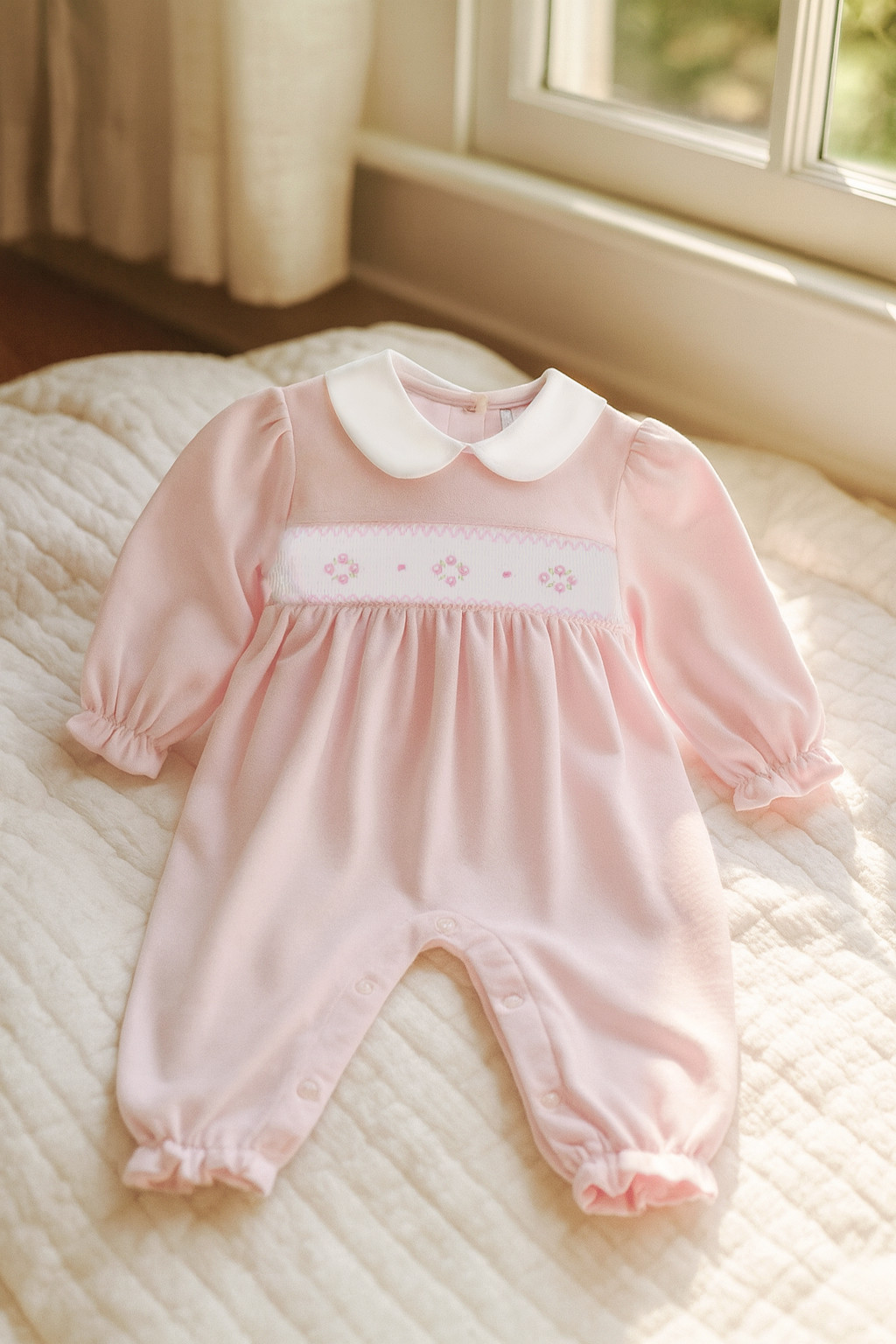 NWT Petit Ami Pink Smocked KNIT Romper Baby Girls 6 Months 6M Longall 100 Cotton