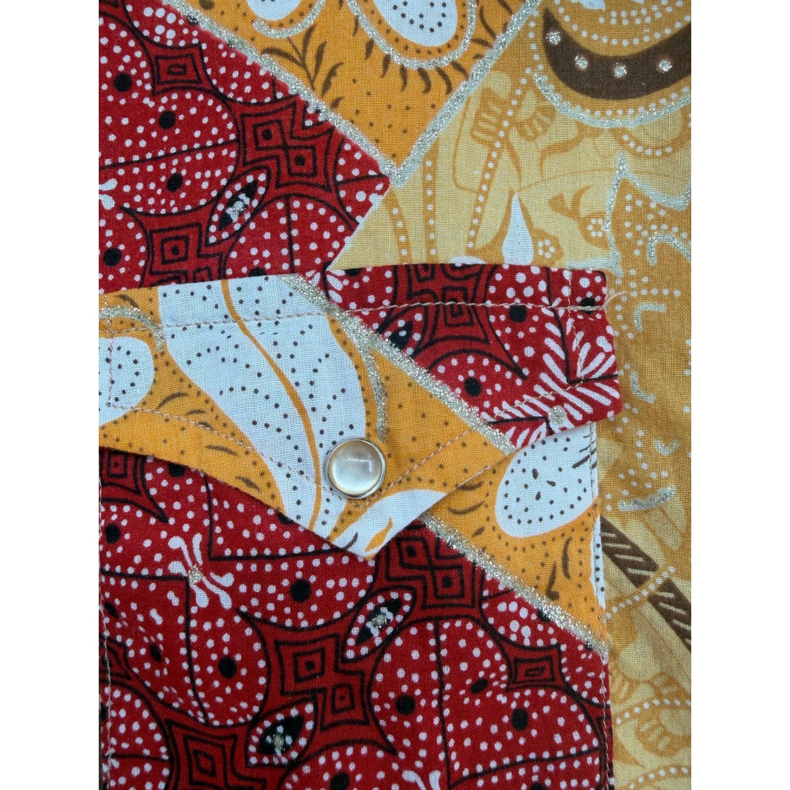 Roper Womens L Western Snap Shirt Patchwork Batik Floral Glitter Cotton Mustard
