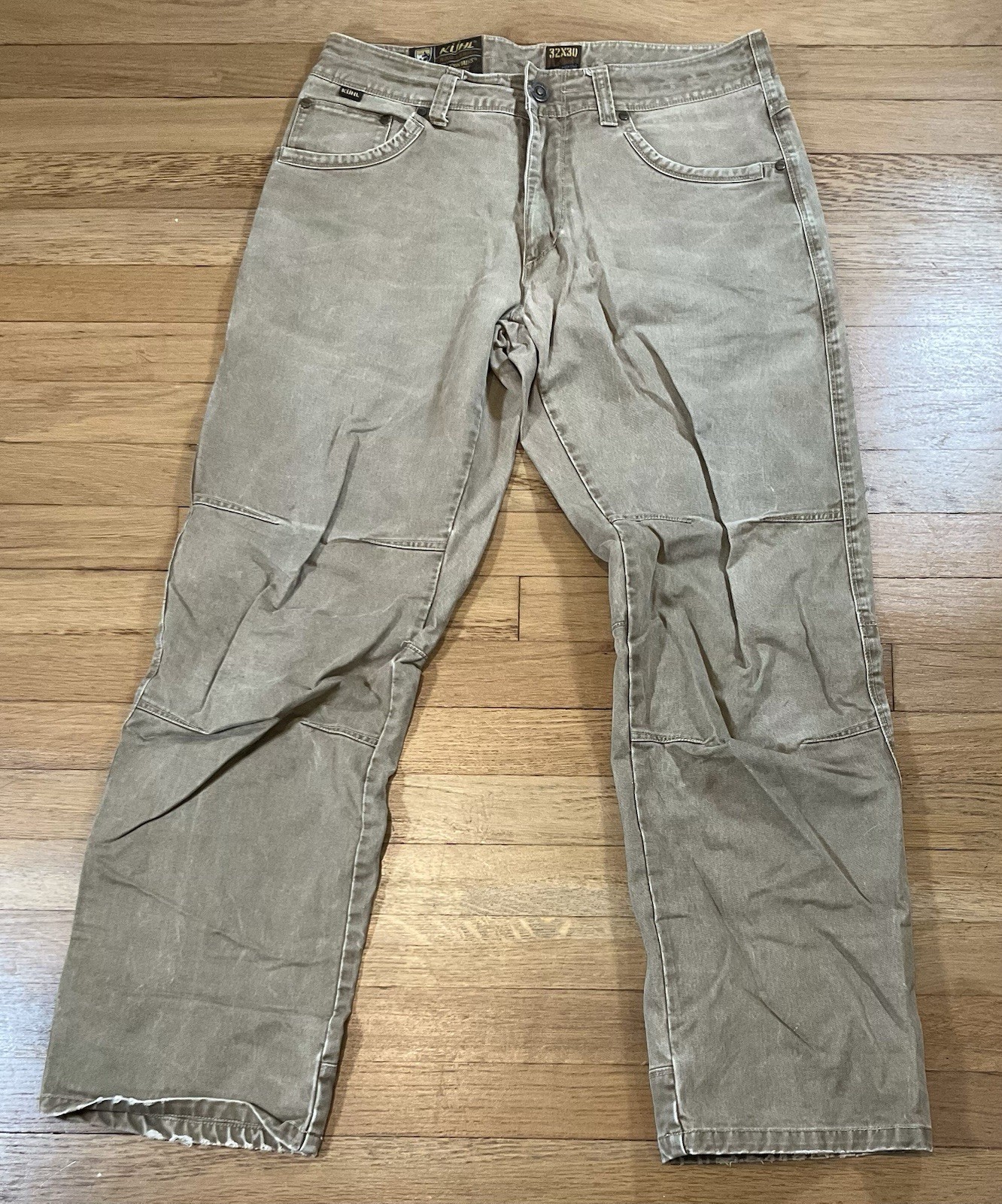 KUHL Ryder Pants Mens 32×29 Brown Tan Vintage Patina Dye Faded Whisker Workwear