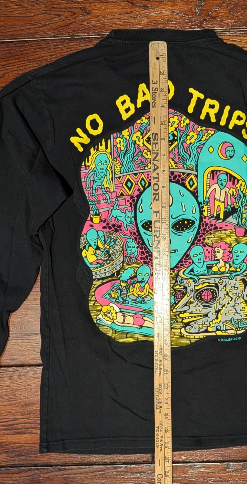 Killer Acid ‘No Bad Trips’ Long Sleeve T-Shirt Black w/ Psychedelic Alien Mens S