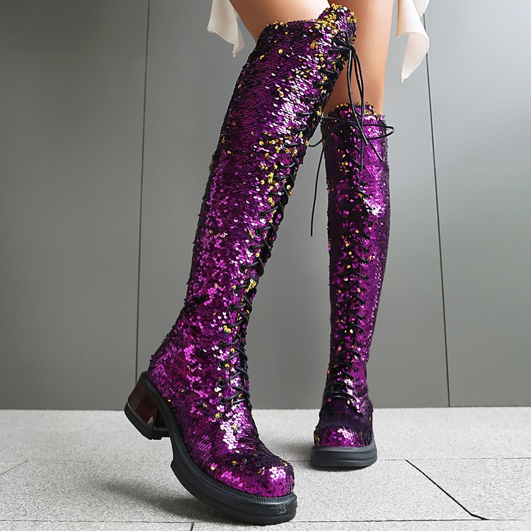 Women’s Over The Knee High Sequins Glitter Long Boots Platform Performance Sexy