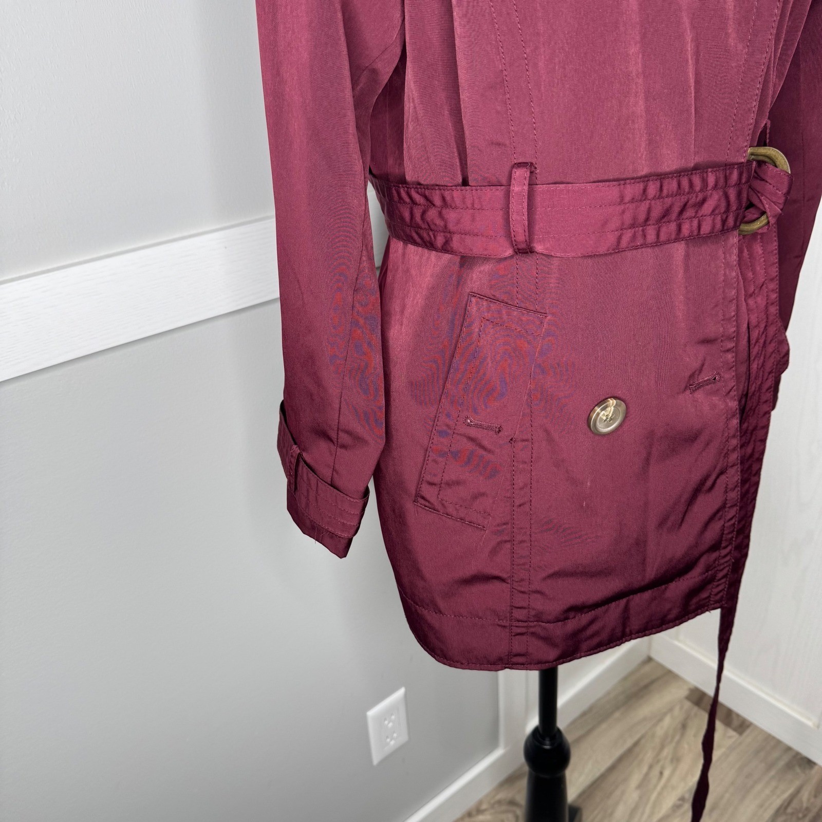 Worthington Trench Coat Women Petite Large Burgundy Belted Double Breasted 2505