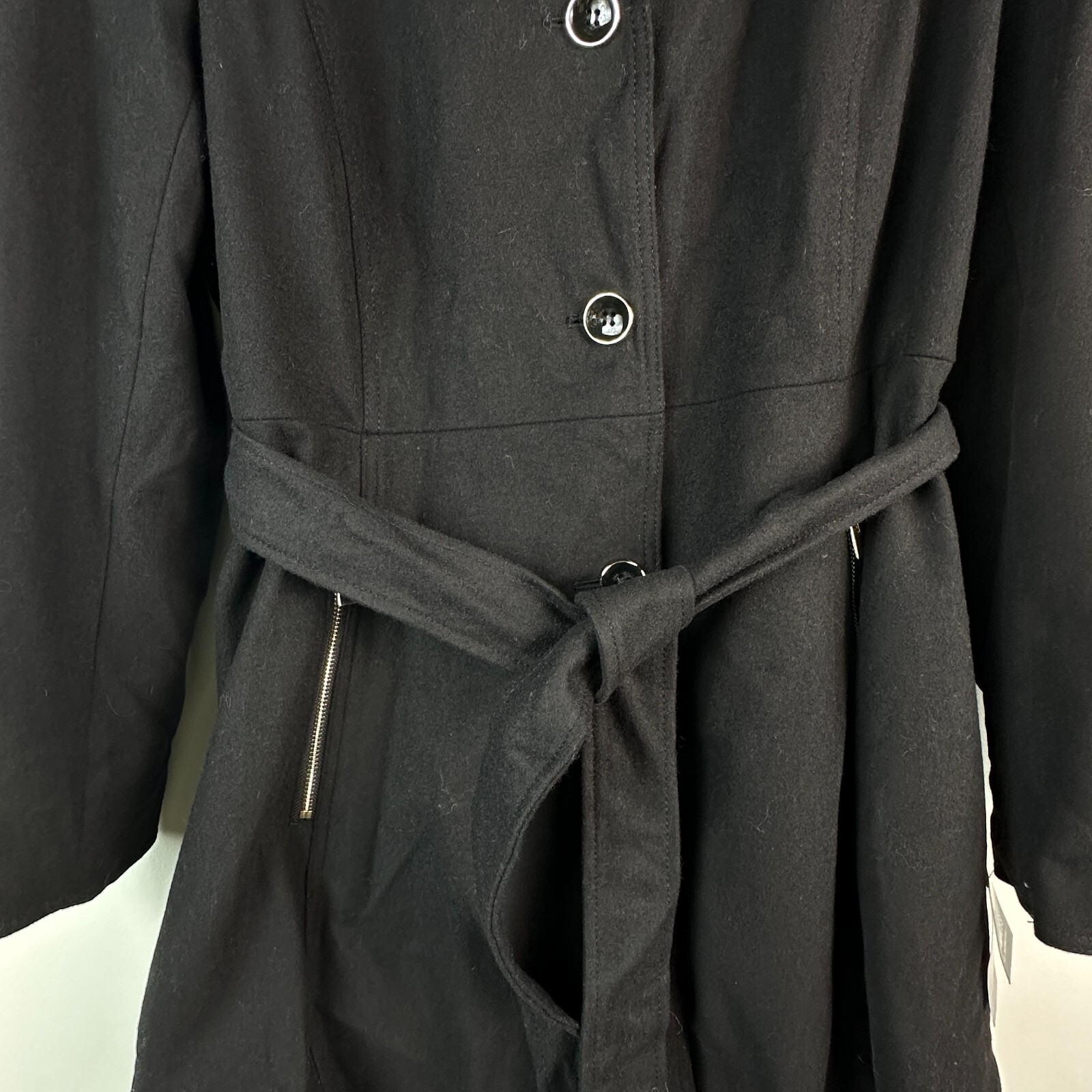 INC Womens XL Black Button Up Tie Waist Mid Thigh Length Coat Retag CS53