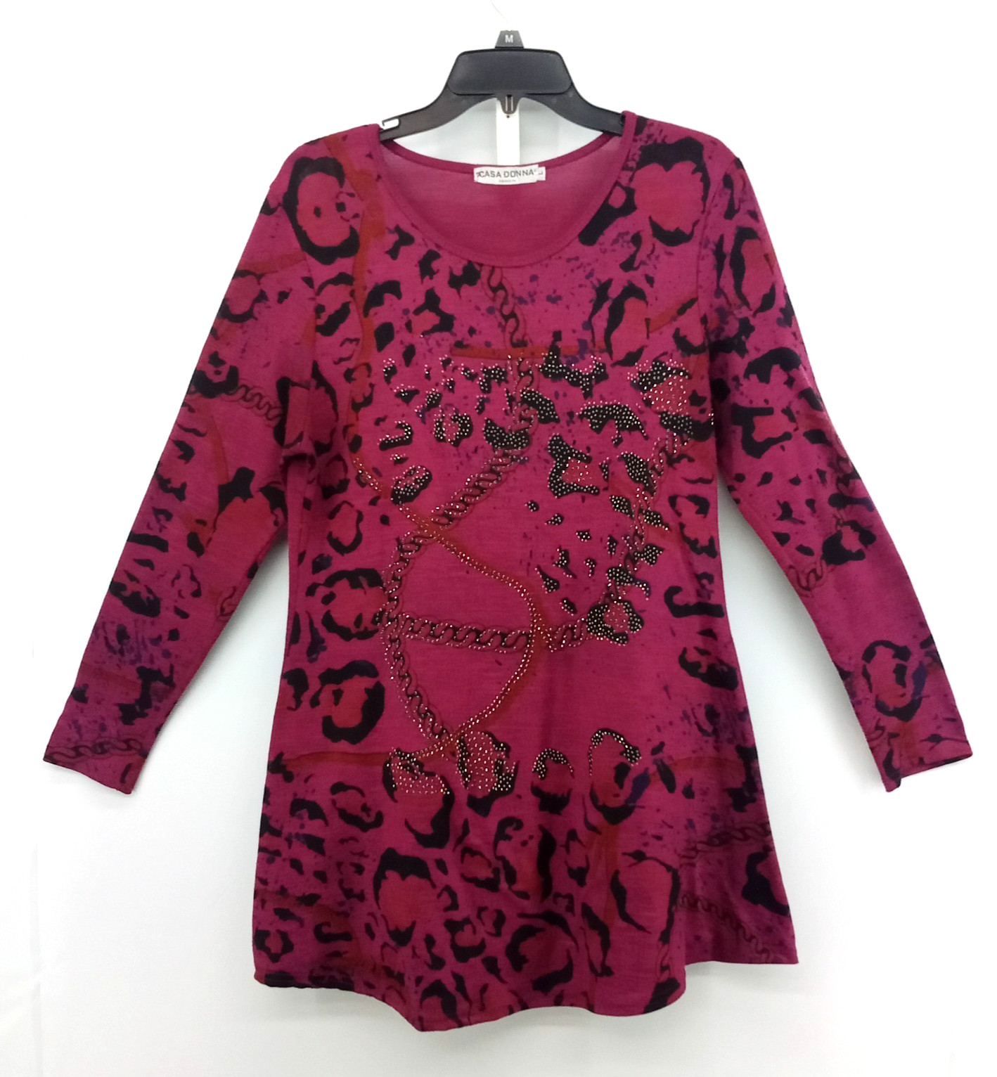 Casa Donna Blouse Womens Large Dark Magenta Beaded Rope Animal Print Knit Top